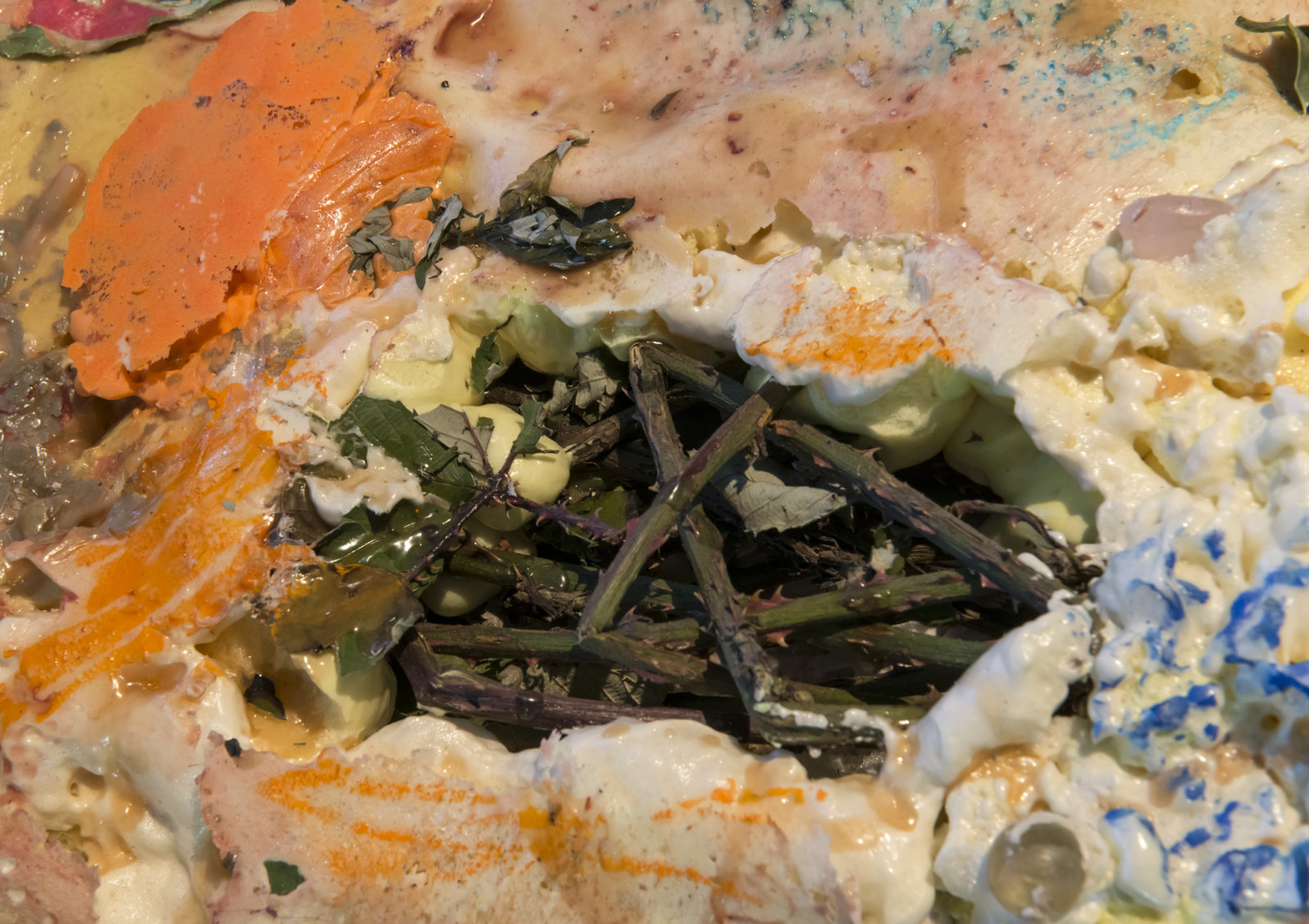Kasper Feyrer, Corpse, Maiden (detail), 2018, insulation foam, whistle, glass marbles, mineral rocks, broken rulers, coins, lenses, blackberry, mugwort, rope, hinges, gummy worms, plaster cast hands and feet, soil, aluminum armature, latex, pigment, paper, cast iron, miscellaneous materials, 71 x 28 x 13 in. (180 x 71 x 33 cm)