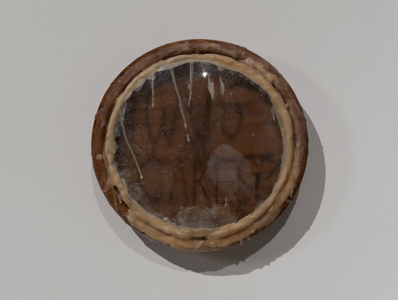 Kasper Feyrer, Sauna Clock Diffuser, 2012, wood clock body, condensation, convex glass, wood clock hands, thyme oil, quartz clock movement, 10 x 10 x 3 in. (26 x 26 x 7 cm)