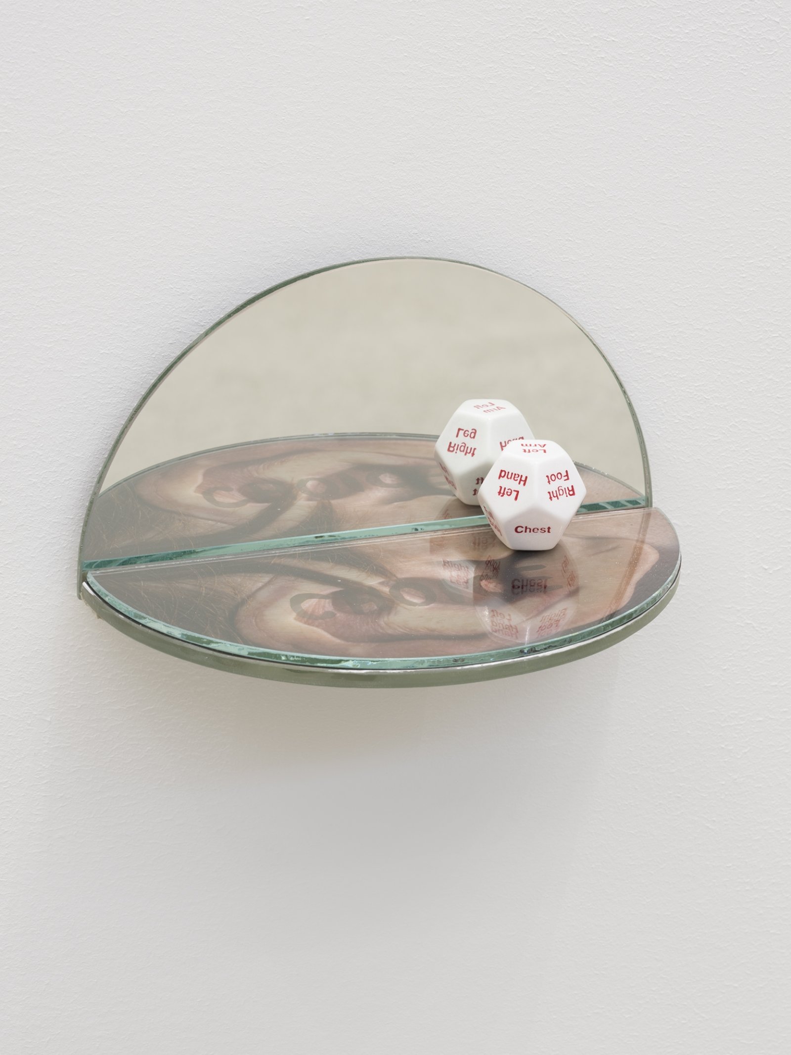 Kasper Feyrer, The Ambidextrous Universe: hearing, 2018, mirror, liquid mirror, glass, fujiclear transparency, 12-sided die, 4 x 4 x 7 in. (9 x 9 x 18 cm)