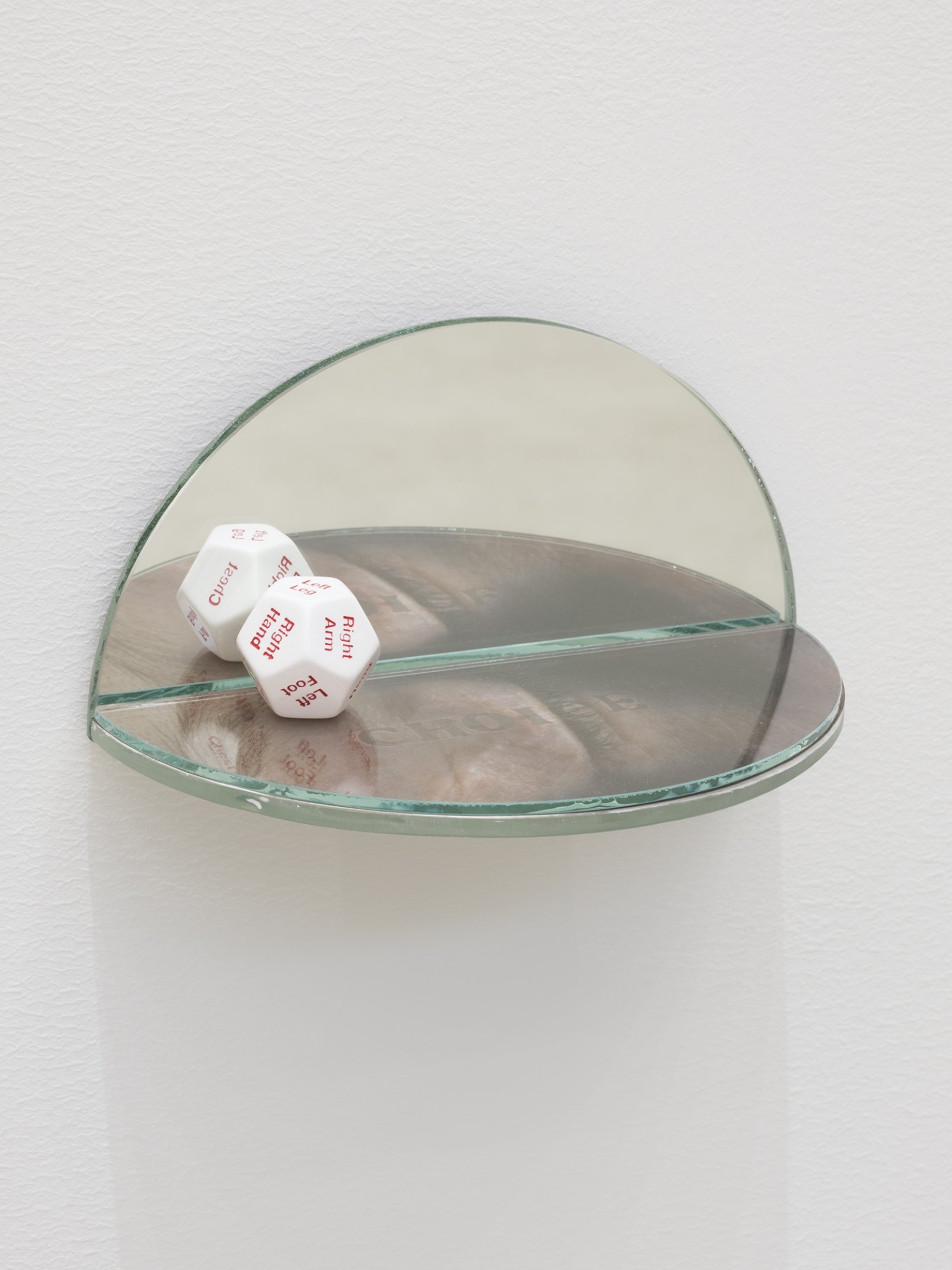 Kasper Feyrer, The Ambidextrous Universe: seeing, 2018, mirror, liquid mirror, glass, fujiclear transparency, 12-sided die, 4 x 4 x 7 in. (9 x 9 x 18 cm)