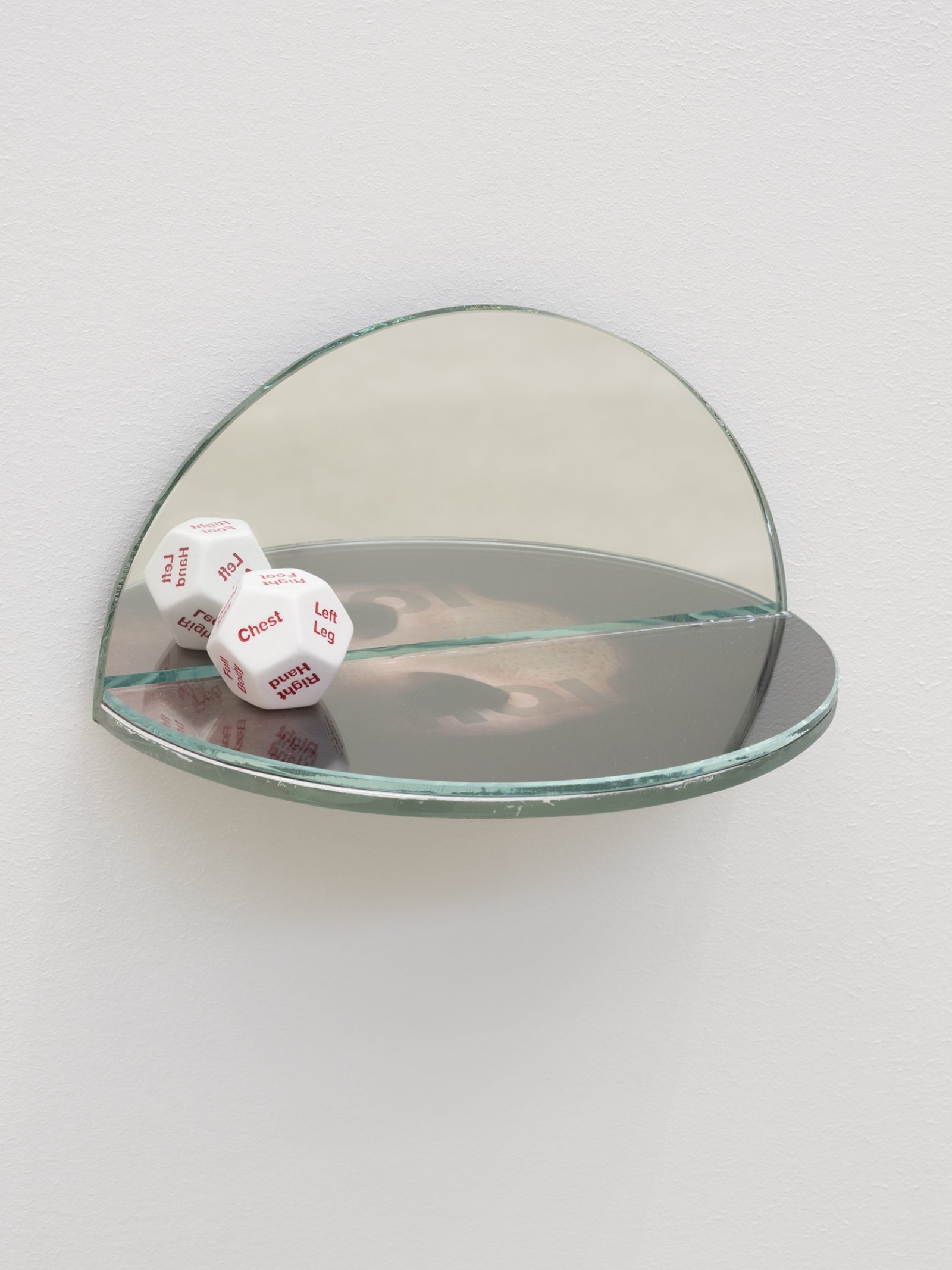 Kasper Feyrer, The Ambidextrous Universe: smelling, 2018, mirror, liquid mirror, glass, fujiclear transparency, 12-sided die, 4 x 4 x 7 in. (9 x 9 x 18 cm)