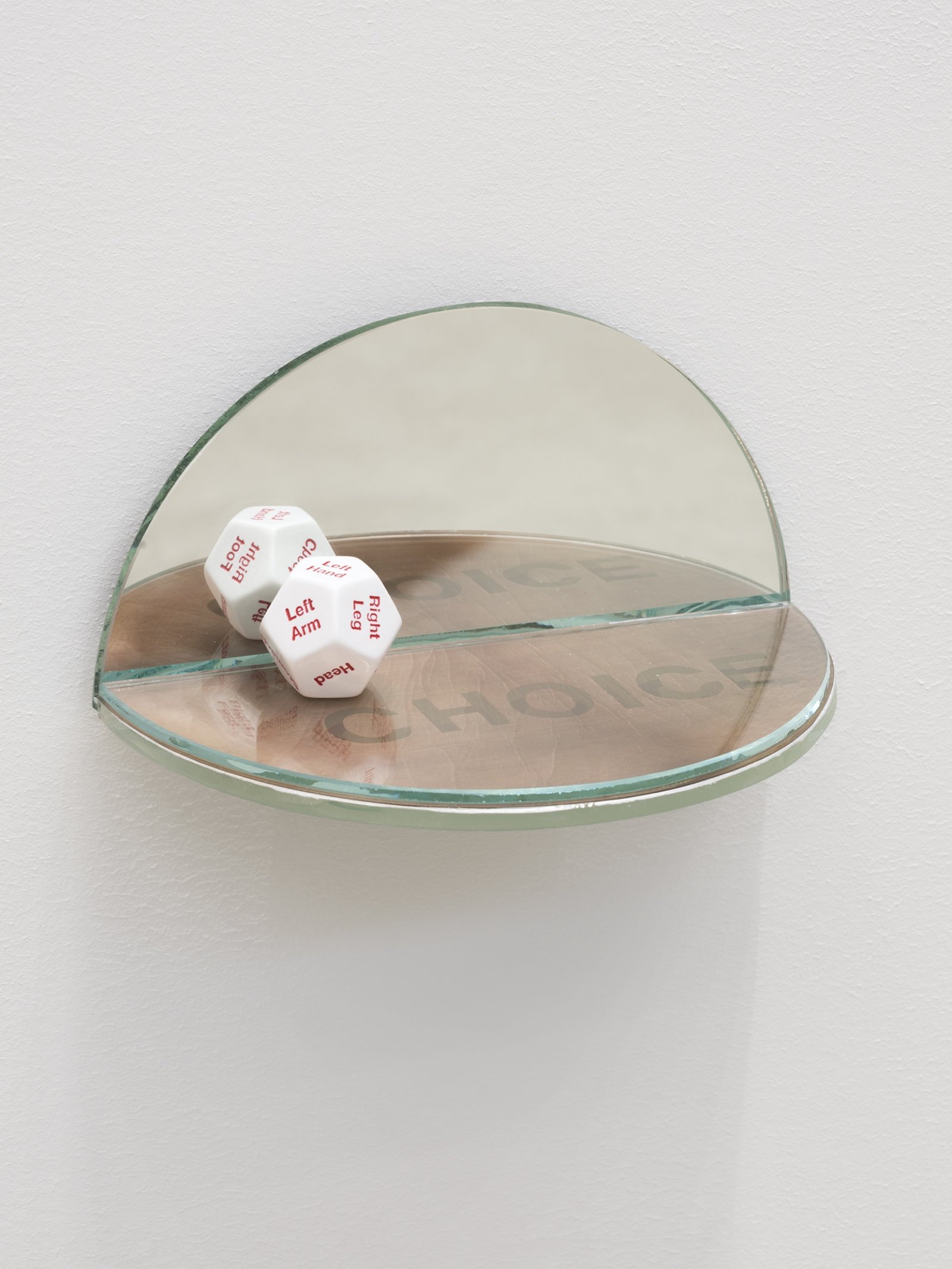 Kasper Feyrer, The Ambidextrous Universe: touching, 2018, mirror, liquid mirror, glass, fujiclear transparency, 12-sided die, 4 x 4 x 7 in. (9 x 9 x 18 cm)