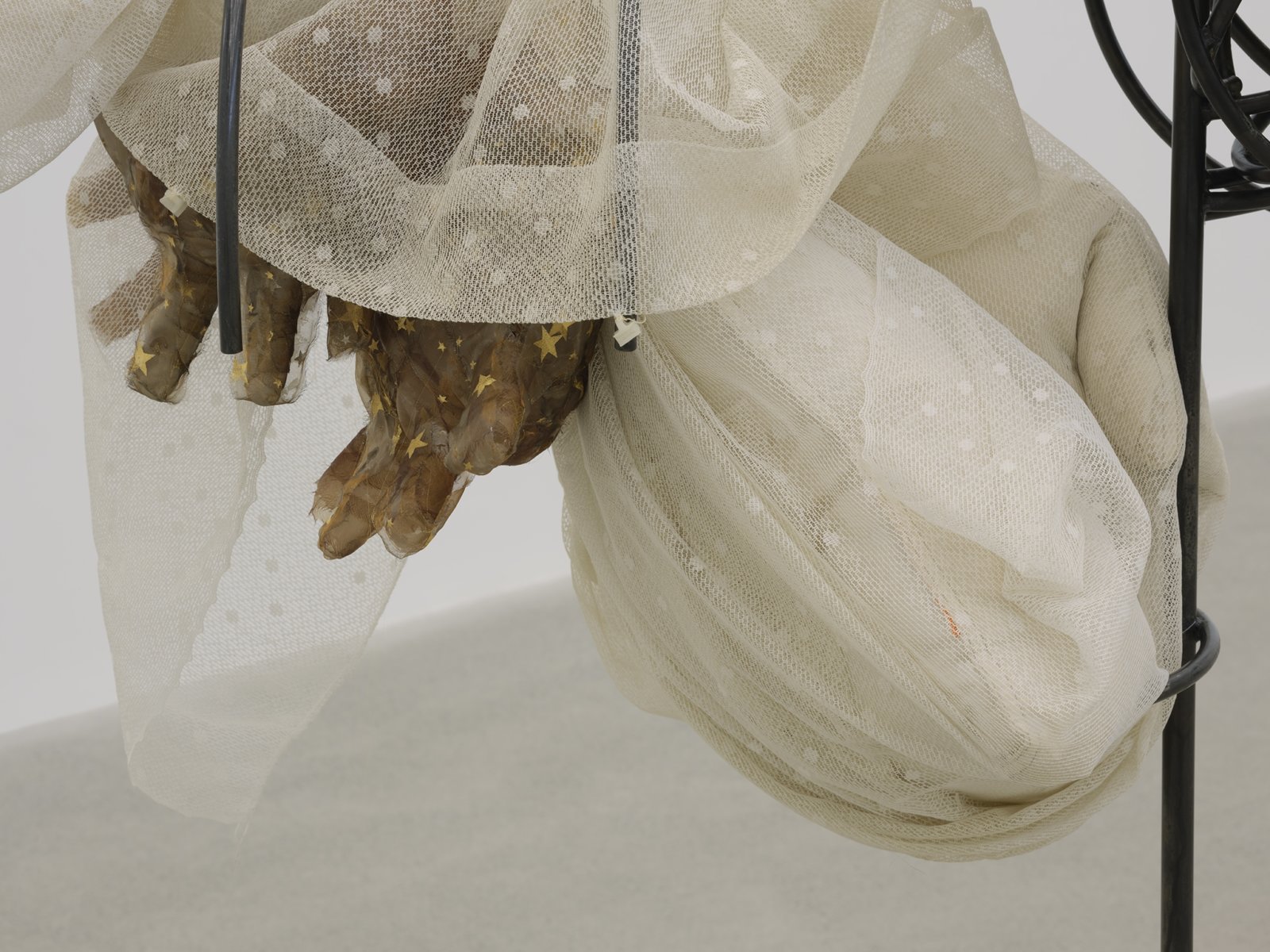 ​Rochelle Goldberg, Gatekeeper: And still it breathes within this body (detail), 2019, glazed ceramic, steel, curtain, polyester fabric, acrylic, pillow, 58 x 21 x 64 in. (146 x 52 x 163 cm) by Rochelle Goldberg