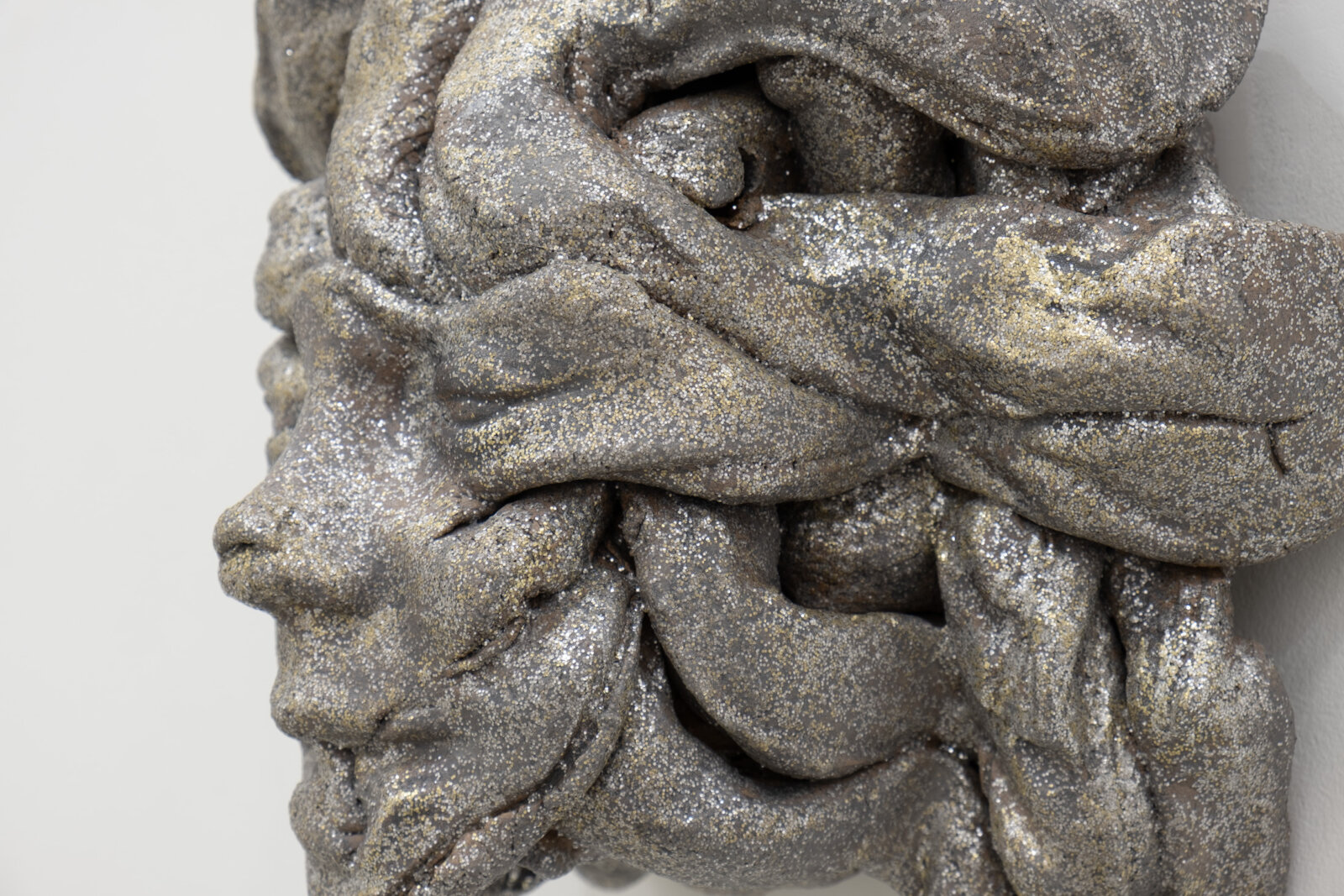 Rochelle Goldberg, Composite Icon IV (detail), 2024, ceramic, polyester glitter, pigment, dirt, graphite, acrylic medium, 11 x 10 x 6 in. (27 x 24 x 15 cm)