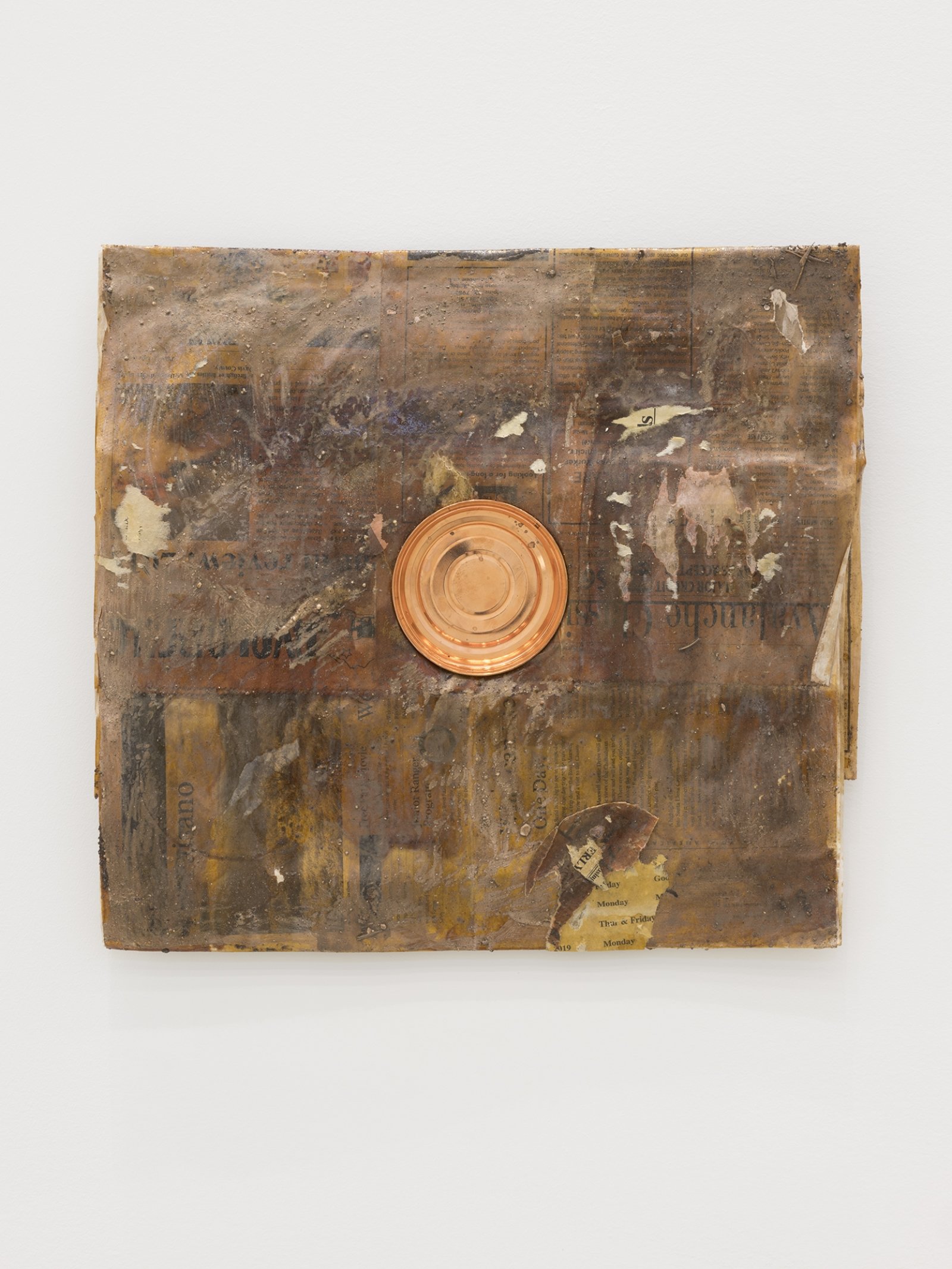 Rochelle Goldberg, Dirty Wall, 2019, newsprint, shellac, copperplated can, dirt from the river, 16 x 18 in. (41 x 45 cm)