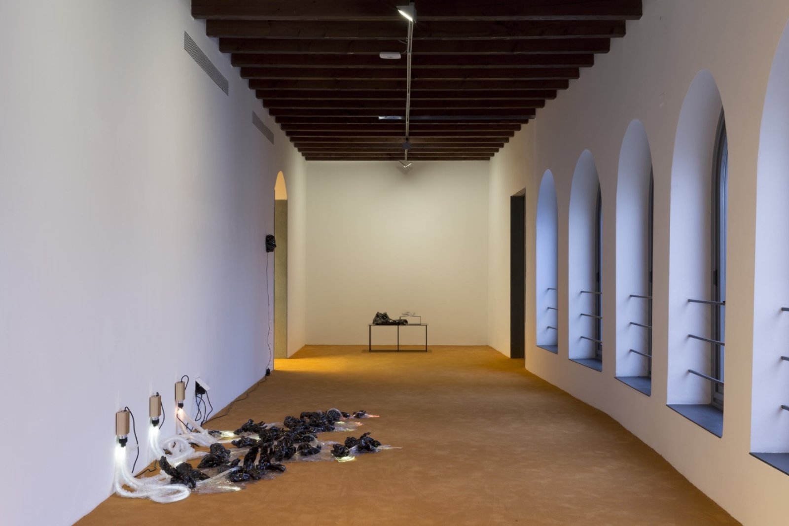 Rochelle Goldberg, Hands Replace the Deck, 2016, ceramic, fibre-optic cables, resin, LED illuminator, plastic, dimensions variable. Installation view, No Where, Now Here, GAMeC, Bergamo, Italy, 2016