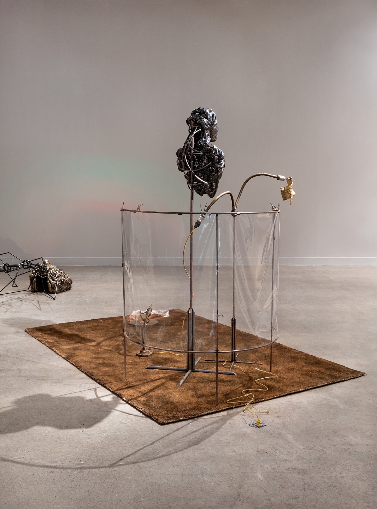 Rochelle Goldberg, Intralocutor: “Are you on or off?”, 2017, brass, gold-filled wire, resin, led transformer, fibre optics, glazed ceramic, steel, carpet, dispersion paint, vinyl, cast iron, brass lamp, 69 x 96 x 60 in. (175 x 244 x 152 cm). Installation view, Waves and Waves, Oakville Galleries, Oakville, 2019