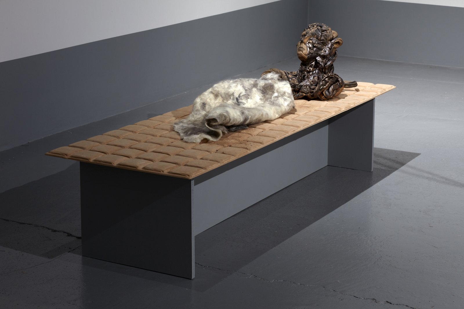 Rochelle Goldberg, Intralocutor, “The ground is here to support you”, 2017, glazed ceramic, MDF, shellac, latex paint, human hair, animal fur, 31 x 75 x 25 in. (78 x 191 x 64 cm). Installation view, Intralocutors, Miguel Abreu Gallery, New York, USA, 2017
