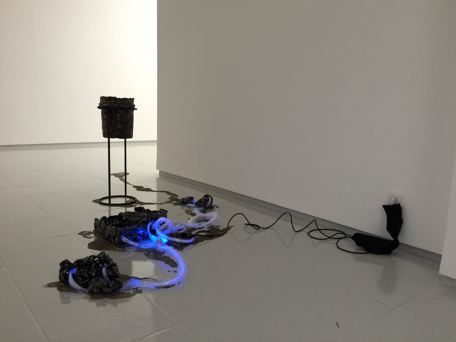 Rochelle Goldberg, Leaked Into Fixture, 2015, fibre-optic fibres, cables, ceramic, resin, chia seeds, LED bulb, 8 x 99 x 58 in. (20 x 250 x 147 cm). Installation view, BODY BILDUNG, Galerie Max Mayer, Dusseldorf, Germany, 2015