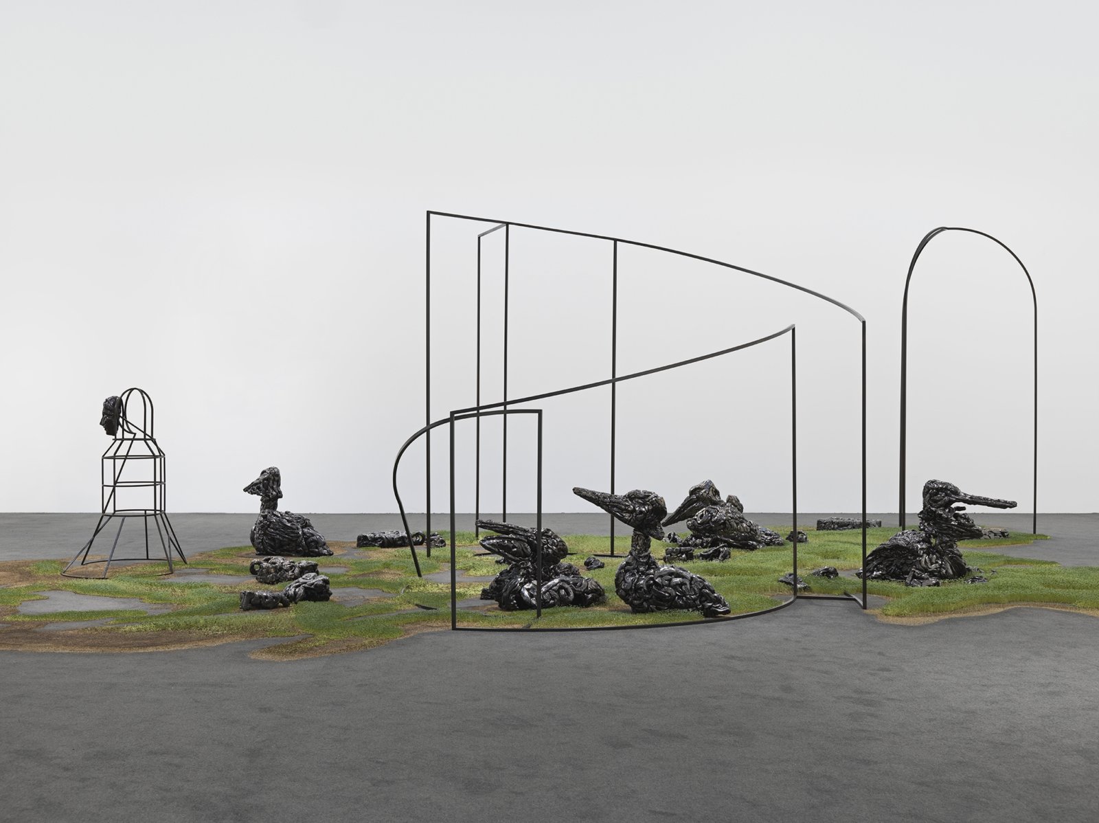 Rochelle Goldberg, No Where, Now Here, 2016, stainless steel, ceramic, wood, chia, carpet, 84 x 180 x 144 in. (213 x 457 x 366 cm). Installation view, Mirror Cells, Whitney Museum of American Art, New York, USA, 2016