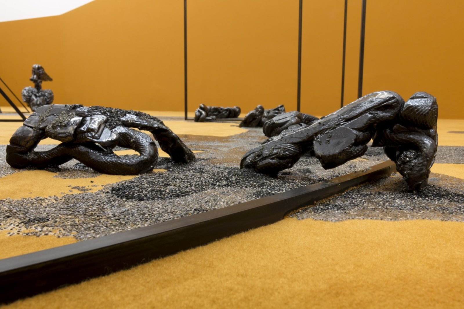 Rochelle Goldberg, No Where, Now Here (detail), 2016, stainless steel, ceramic, wood, chia, carpet, 84 x 180 x 144 in. (213 x 457 x 366 cm). Installation view, No Where, Now Here, GAMeC, Bergamo, Italy, 2016