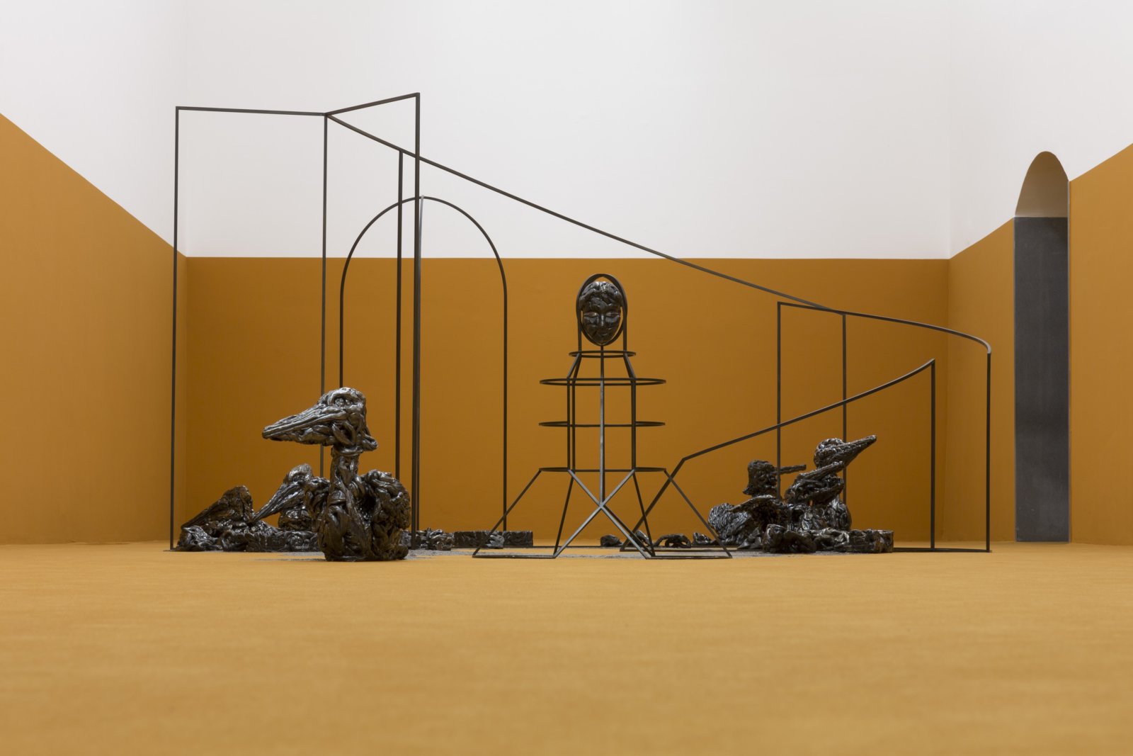 Rochelle Goldberg, No Where, Now Here, 2016, stainless steel, ceramic, wood, chia, carpet, 84 x 180 x 144 in. (213 x 457 x 366 cm). Installation view, No Where, Now Here, GAMeC, Bergamo, Italy, 2016