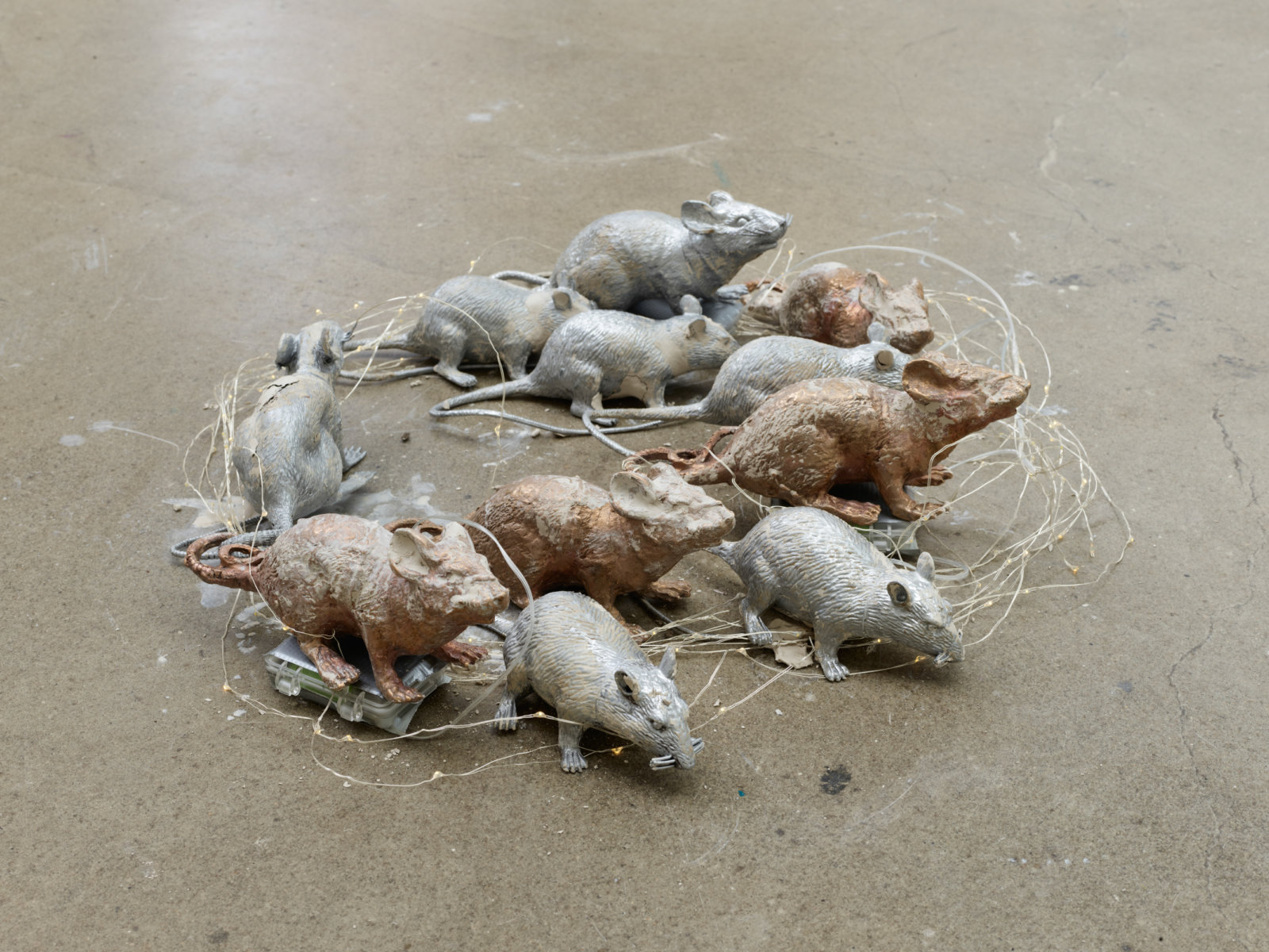 Rochelle Goldberg, Rat Nest, 2022, plastic, bronze, clay, led, wire and batteries 22 x 22 x 2 in. (56 x 56 x 6 cm)