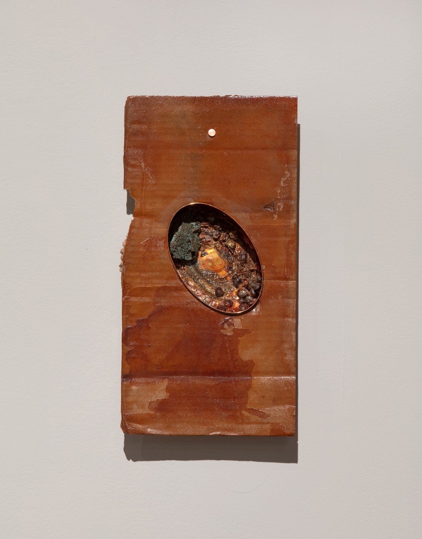 Rochelle Goldberg, Snack, 2016, chia, tamarind pits, snake shed, oxalis petals, copper nail, oxidized copper dust and shellac on cardboard, copper covered can, 17 x 11 x 3 in. (43 x 28 x 8 cm). Installation view, Waves and Waves, Oakville Galleries, Oakville, 2019