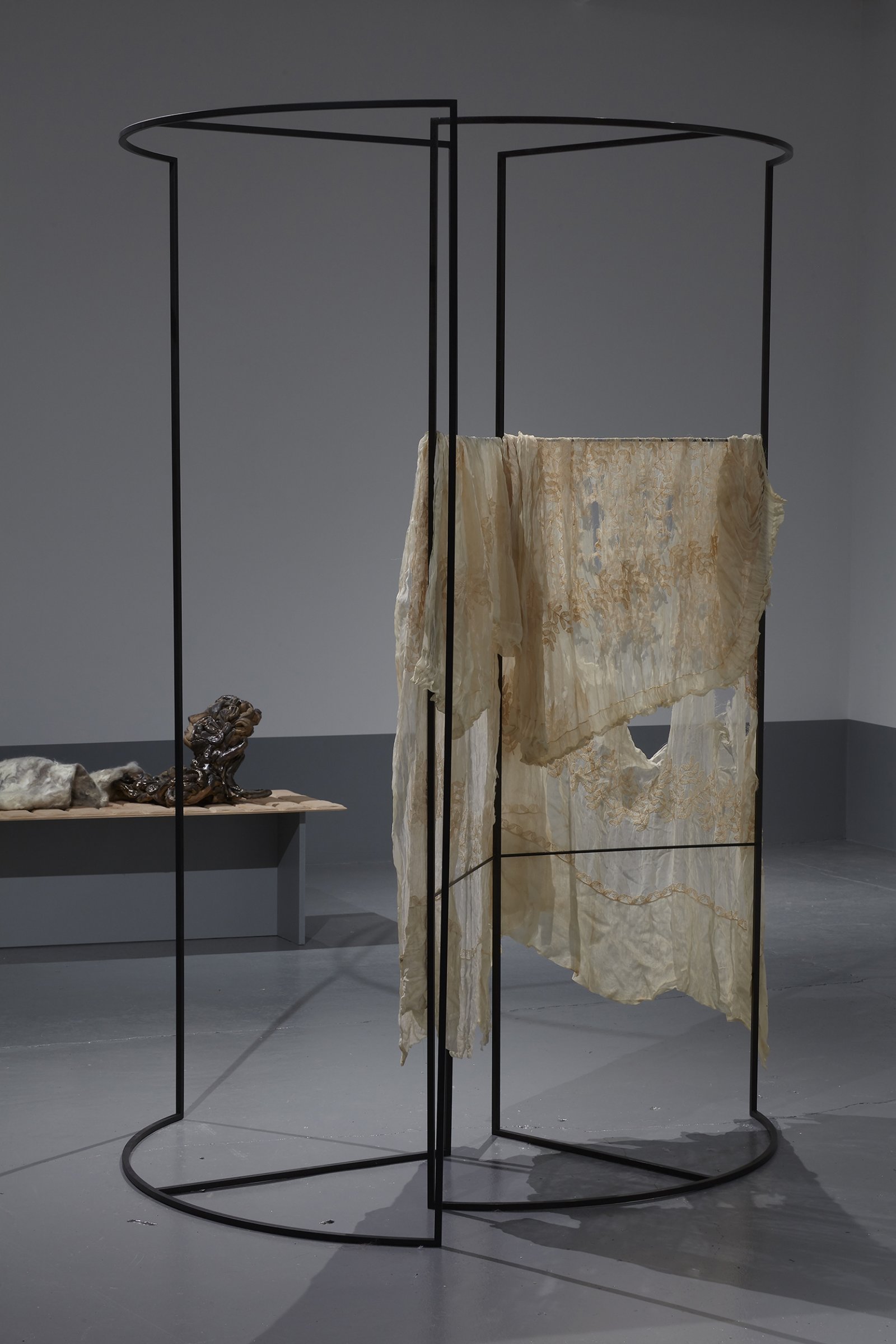 Rochelle Goldberg, The Hoarder’s Station, 2017, steel, lace fabric, 80 x 49 x 43 in. (203 x 125 x 109 cm). Installation view, Intralocutors, Miguel Abreu Gallery, New York, USA, 2017