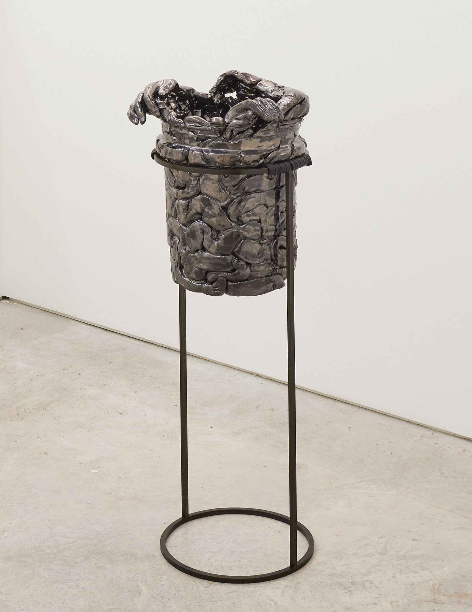 Rochelle Goldberg, Thirsty Bucket, 2016, ceramic, crude oil, steel, latex, 31 x 12 x 12 in. (79 x 31 x 31 cm). Installation view, The Plastic Thirsty, SculptureCenter, Long Island City, USA, 2016