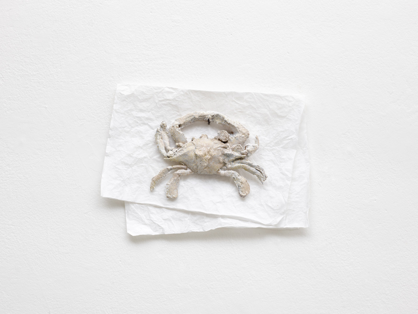Rochelle Goldberg, Tiny protective universe, 2022, plastic crab, tissue paper, acrylic paint, gesso, dirt, concrete, polyester glitter, 11 x 15 in. (28 x 39 cm)