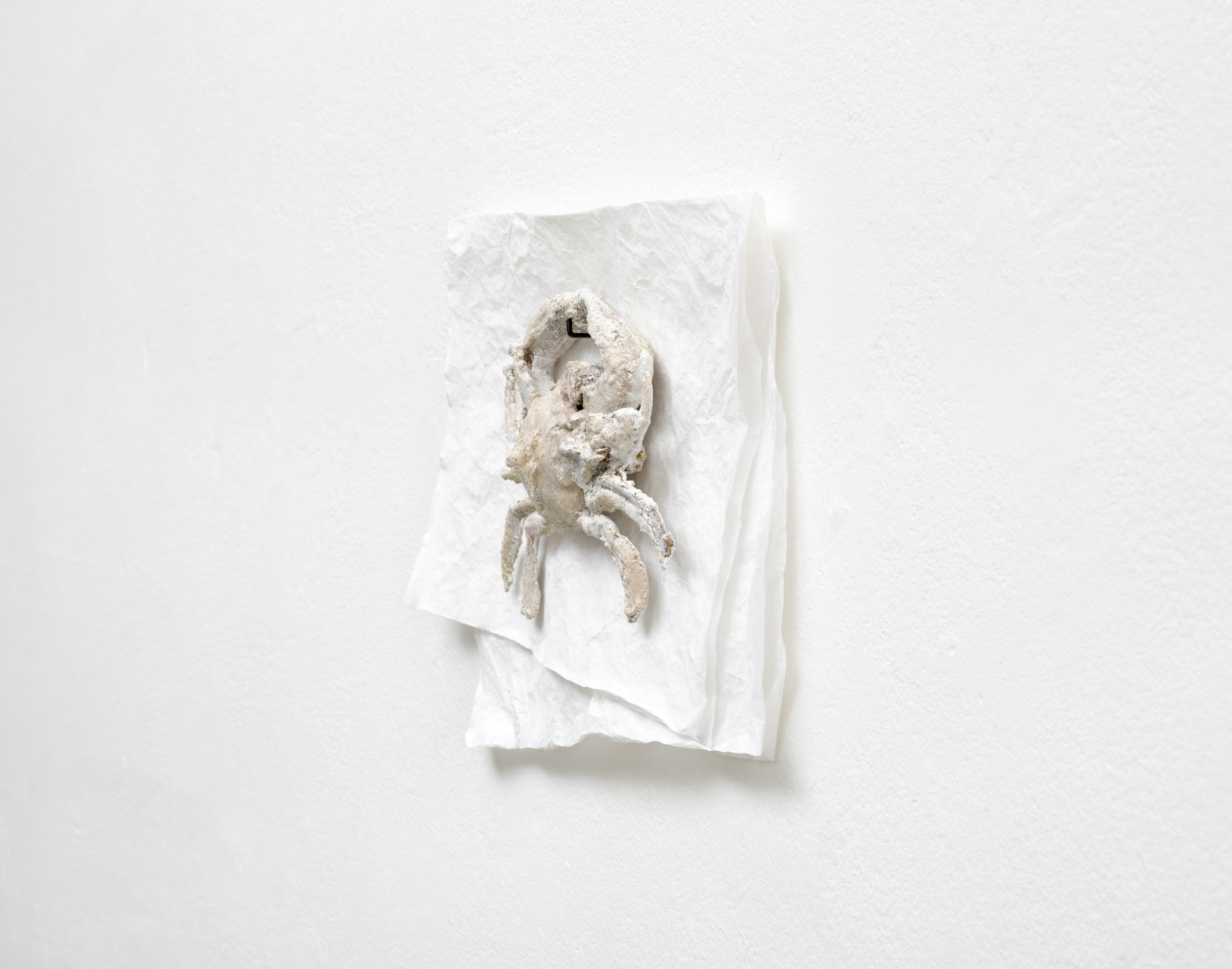 Rochelle Goldberg, Tiny protective universe, 2022, plastic crab, tissue paper, acrylic paint, gesso, dirt, concrete, polyester glitter, 11 x 15 in. (28 x 39 cm). Installation view, Fiction or Fictions, Christian Anderson, Copenhagen, Denmark