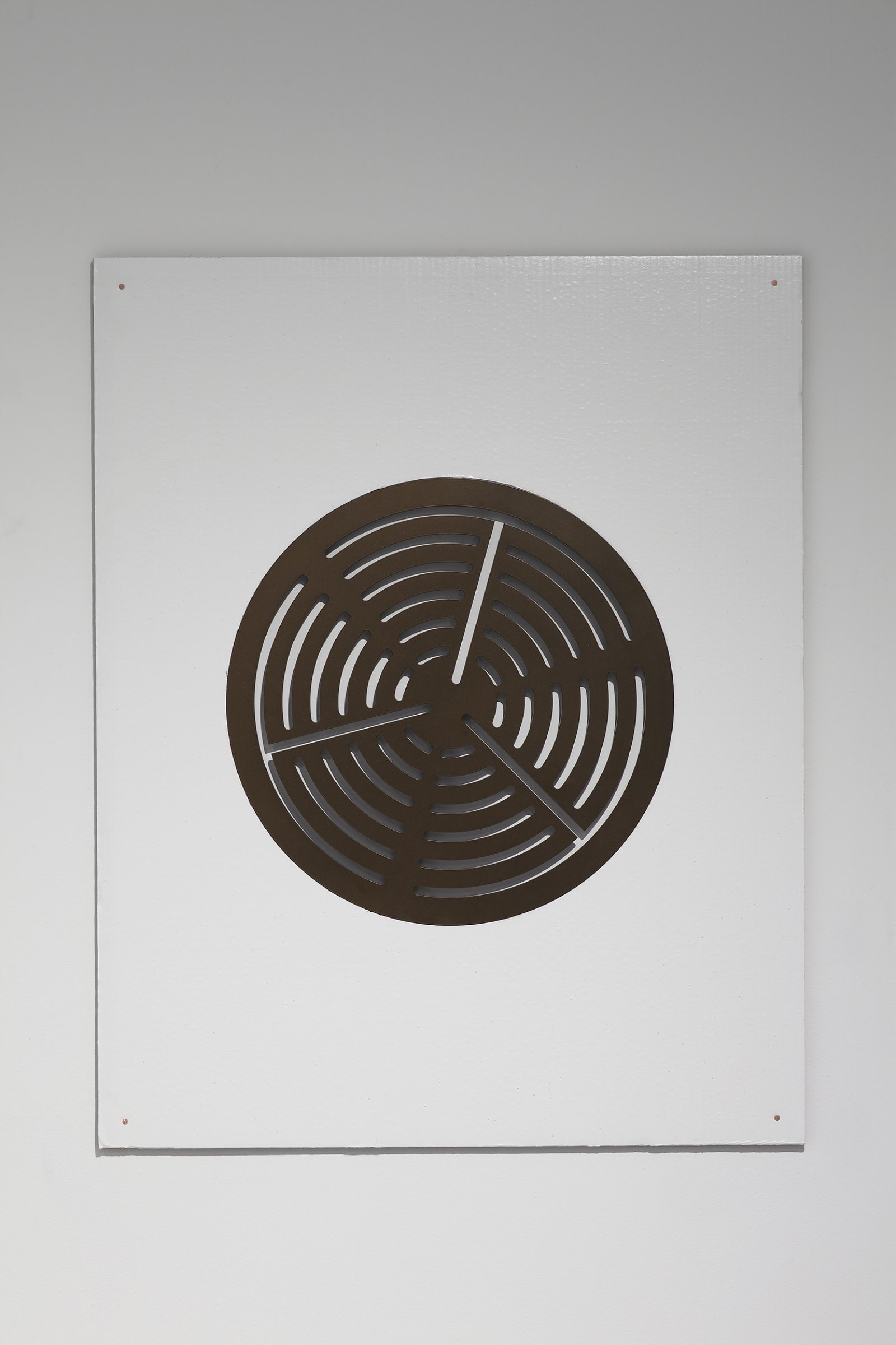 Rochelle Goldberg, Wheel of Fortune 1, 2017, powder coated aluminum, paint on cardboard, copper nails, 48 x 38 in. (121 x 97 cm). Installation view, Intralocutors, Miguel Abreu Gallery, New York, USA, 2017