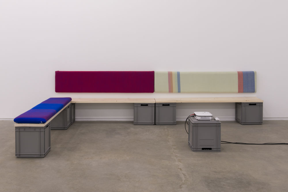 Andrea Büttner, Benches, 2013, handwoven wool backrests, spruce, plastic crates, each 37 x 78 x 16 in. (93 x 2 x 40 cm)​​ by 