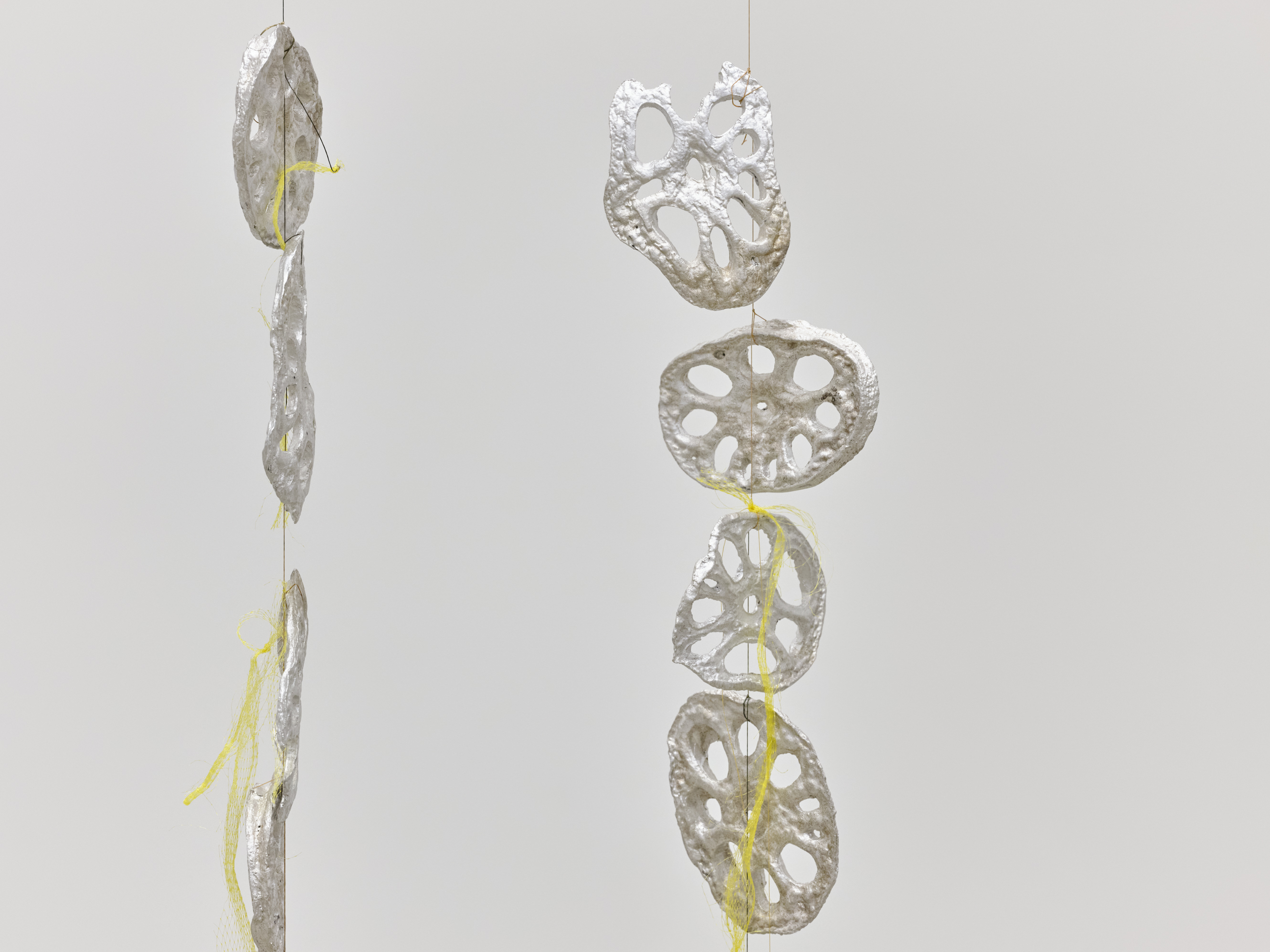 Laurie Kang, Allele (detail), 2022, cast aluminum lotus root, thread, mesh fruit bags, pigmented silicone, rubber, 66 x 17.5 x 13 in. (168 x 45 x 33 cm) by 