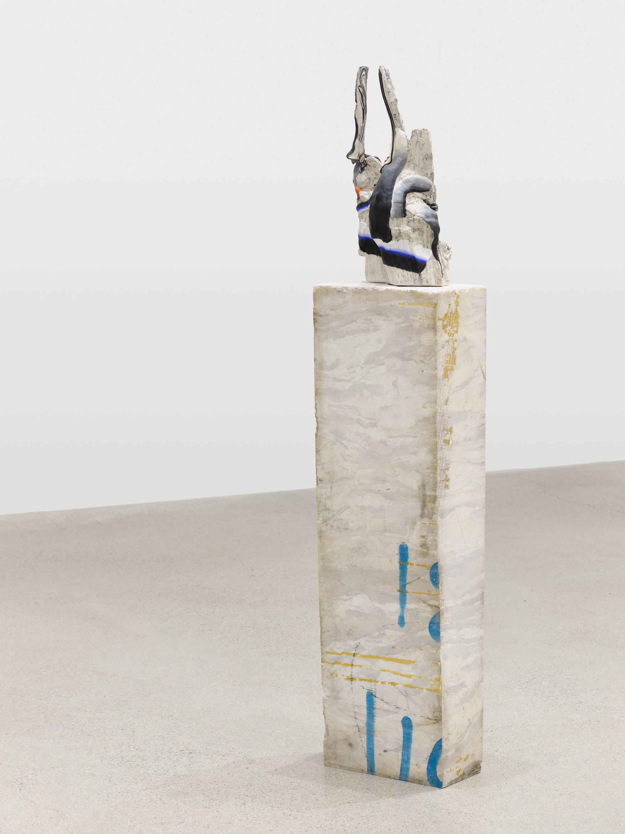 ​Valérie Blass, Le doigt dans l’œil, 2021, polymer clay, ultracal, marble, 49 1/2 x 10 x 7 in. (126 x 26 x 18 cm) by 