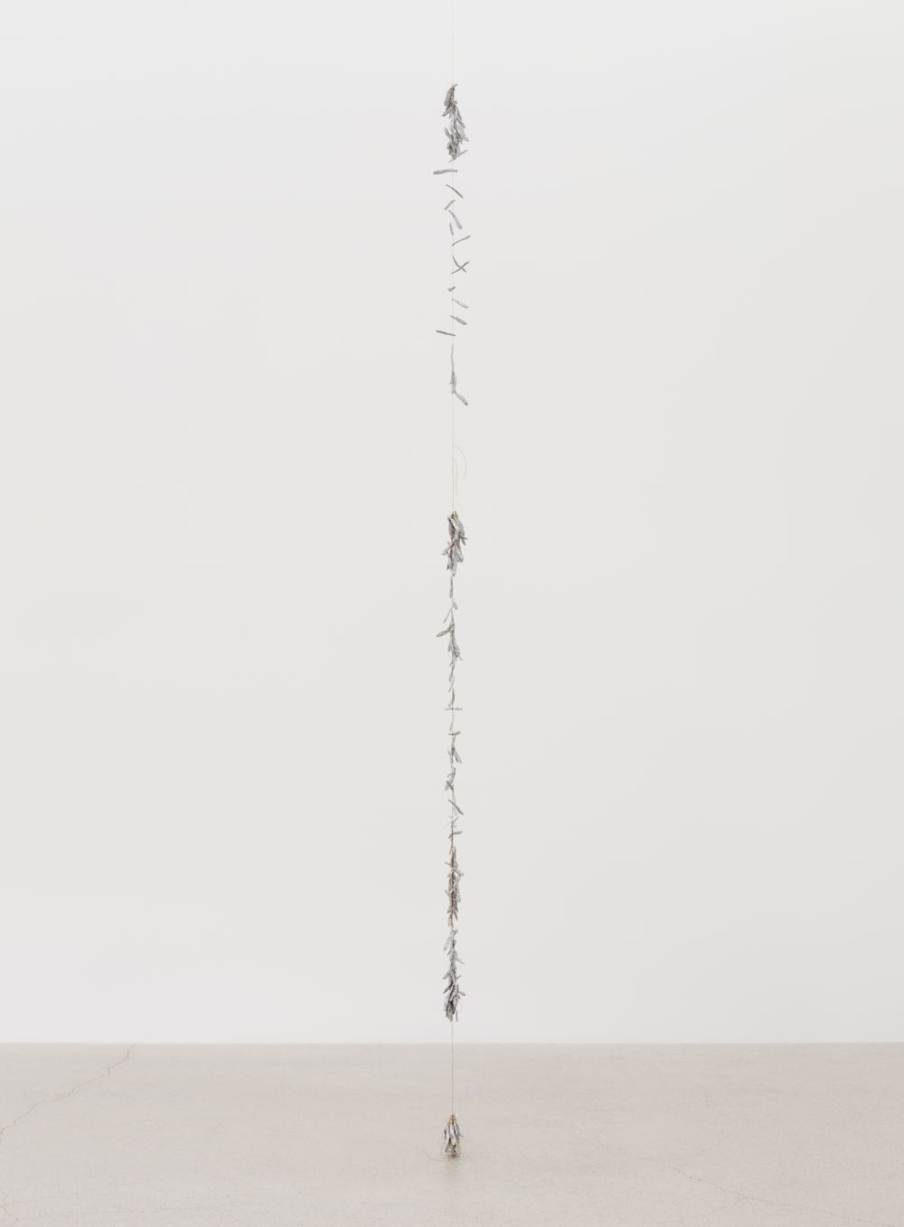 Laurie Kang, Plexus, 2022, cast aluminum anchovies, thread, 102 1/4 x 4 x 4 in. (260 x 10 x 10 cm) by 