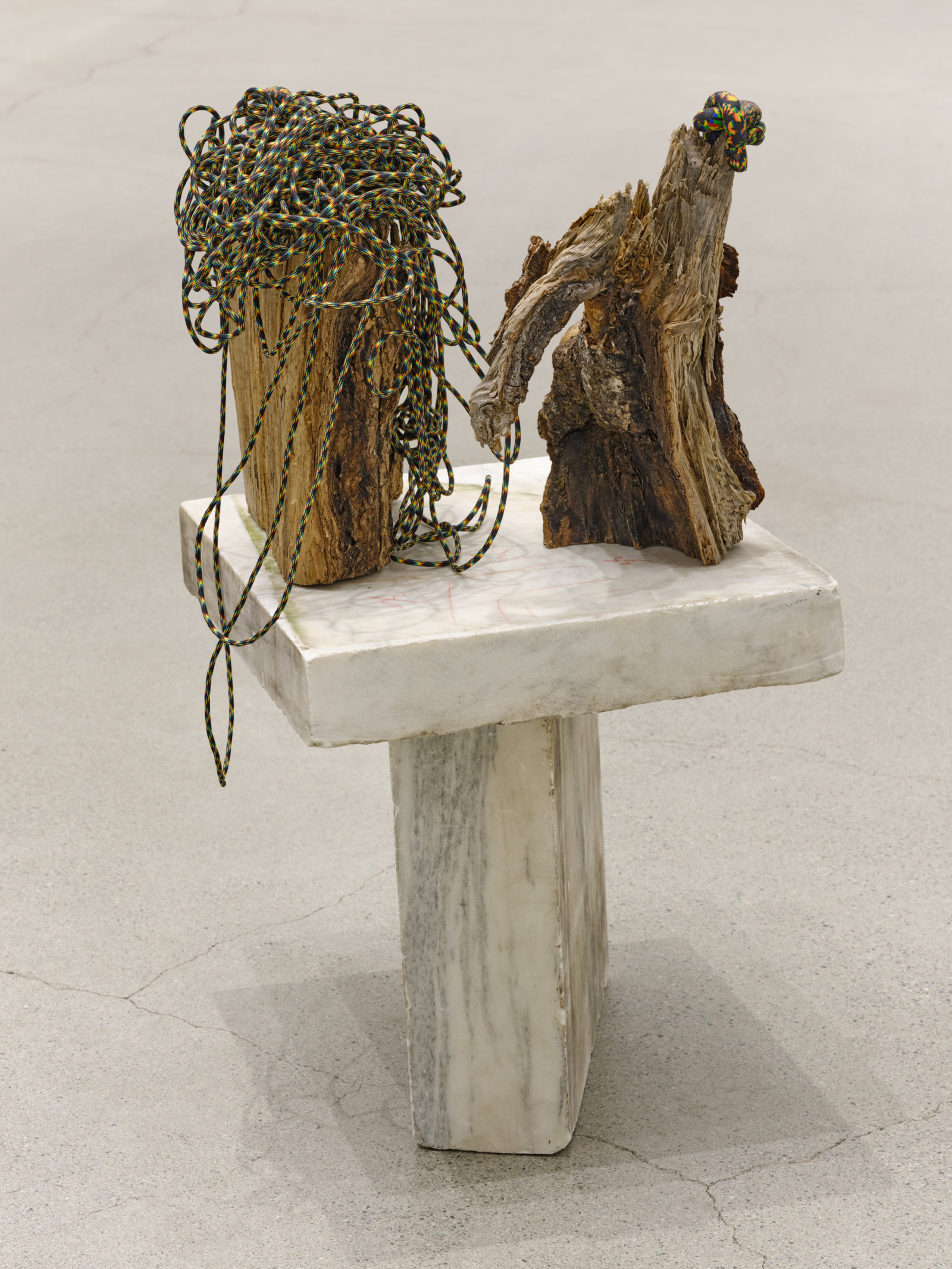 Valérie Blass, On ne trouve que ce l’an cherche (l’archéologie), 2021, wood, polymer clay, rope, marble, 31 x 16 x 18 in. (79 x 41 x 46 cm)