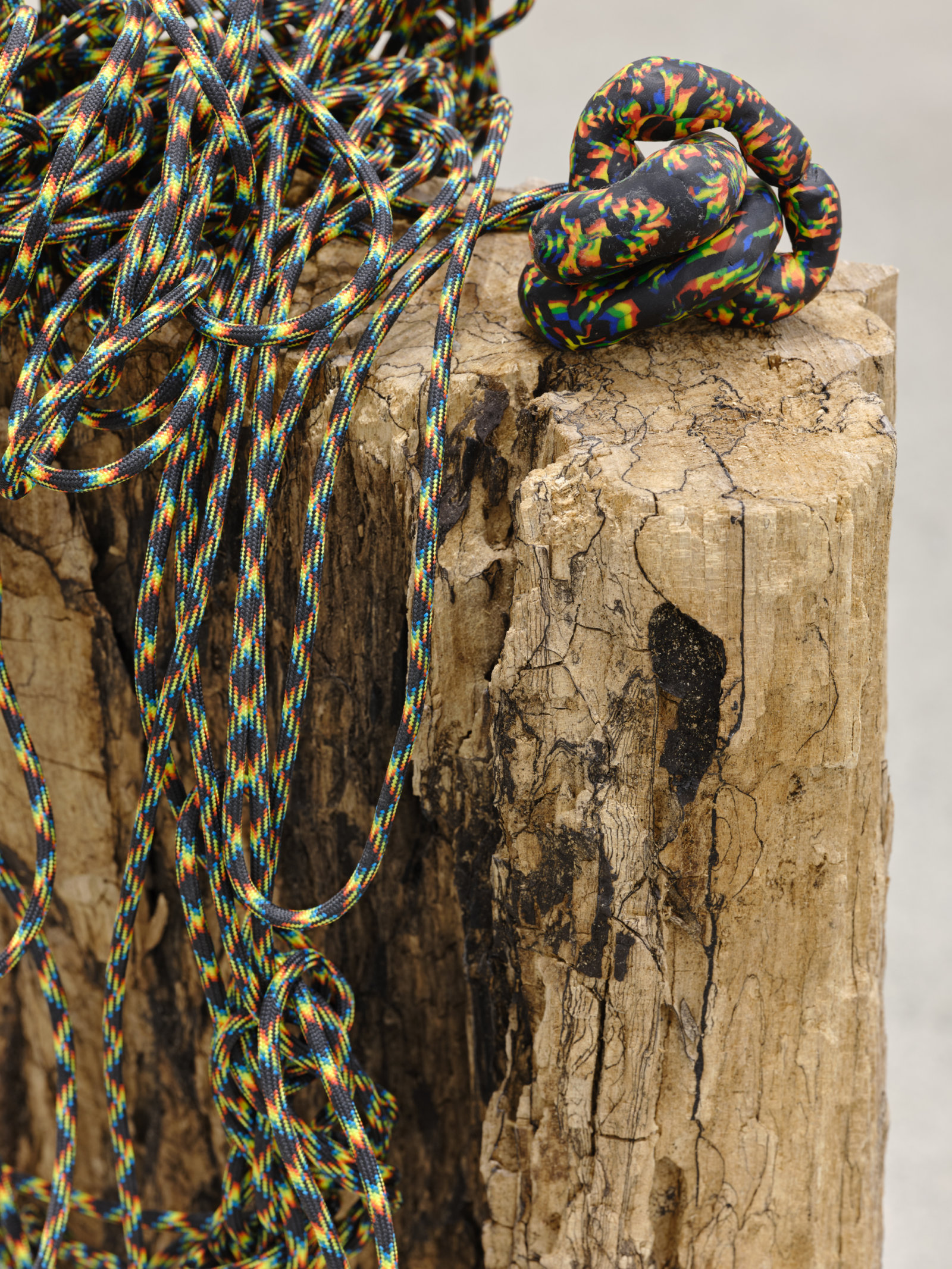 Valérie Blass, On ne trouve que ce l’an cherche (l’archéologie) (detail), 2021, wood, polymer clay, rope, marble, 31 x 16 x 18 in. (79 x 41 x 46 cm)