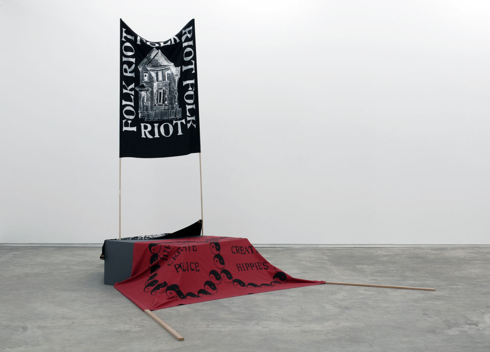 ​Alex Morrison, Folk Riot, Police Create Hippies/Hippies Create Police, You are All Form, You are the Breath, You are the River, You are the Void, 2007, acrylic on cotton, pine wood, medite plinth, dimensions variable by 