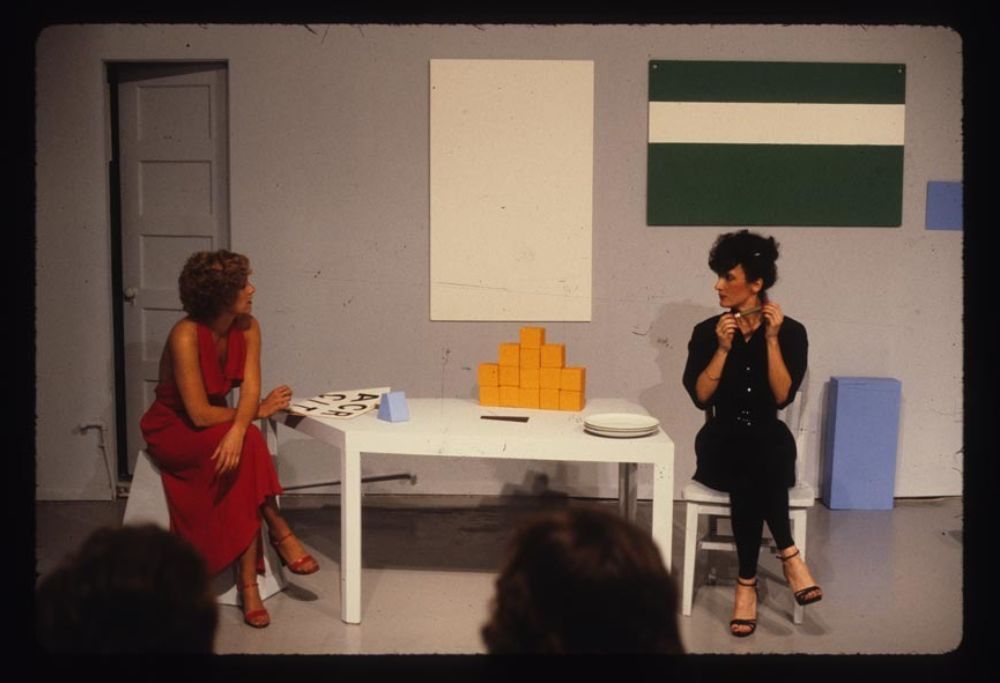 ​Guy de Cointet, Tell Me, 1979, with Denise Domerguew, Helen Mendez and Jane Zingale, photographic documentation of performance at Rosamund Felsen Gallery, March 1979, each 8 x 12 in. (21 x 30 cm) by 