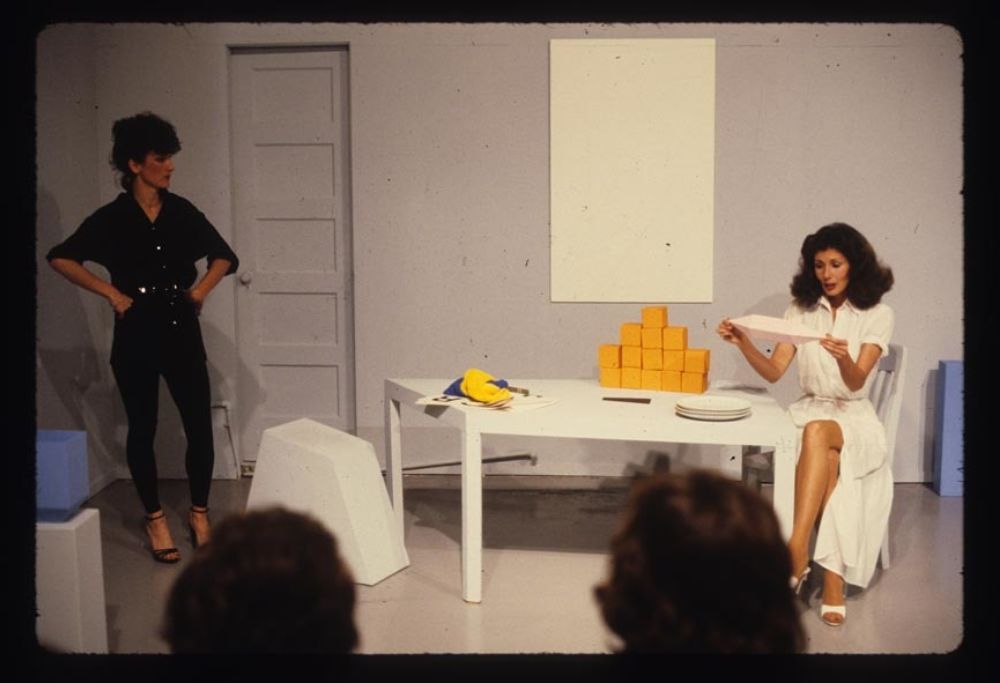 ​Guy de Cointet, Tell Me, 1979, with Denise Domerguew, Helen Mendez and Jane Zingale, photographic documentation of performance at Rosamund Felsen Gallery, March 1979, each 8 x 12 in. (21 x 30 cm) by 