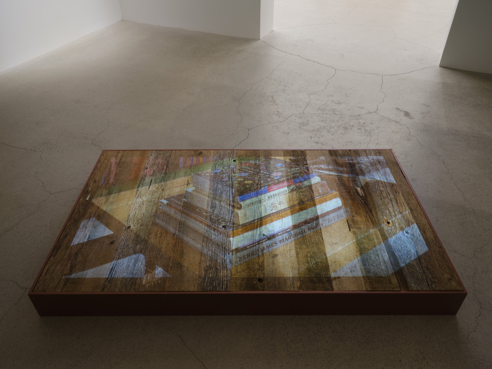 Tanya Lukin Linklater, They fall the ground beneath you (detail), 2018, video projection, performance platforms, marine lumber, paint, performance activation in presence of Sonya Kelliher-Combs’ ‘Curl’ works, dimensions variable