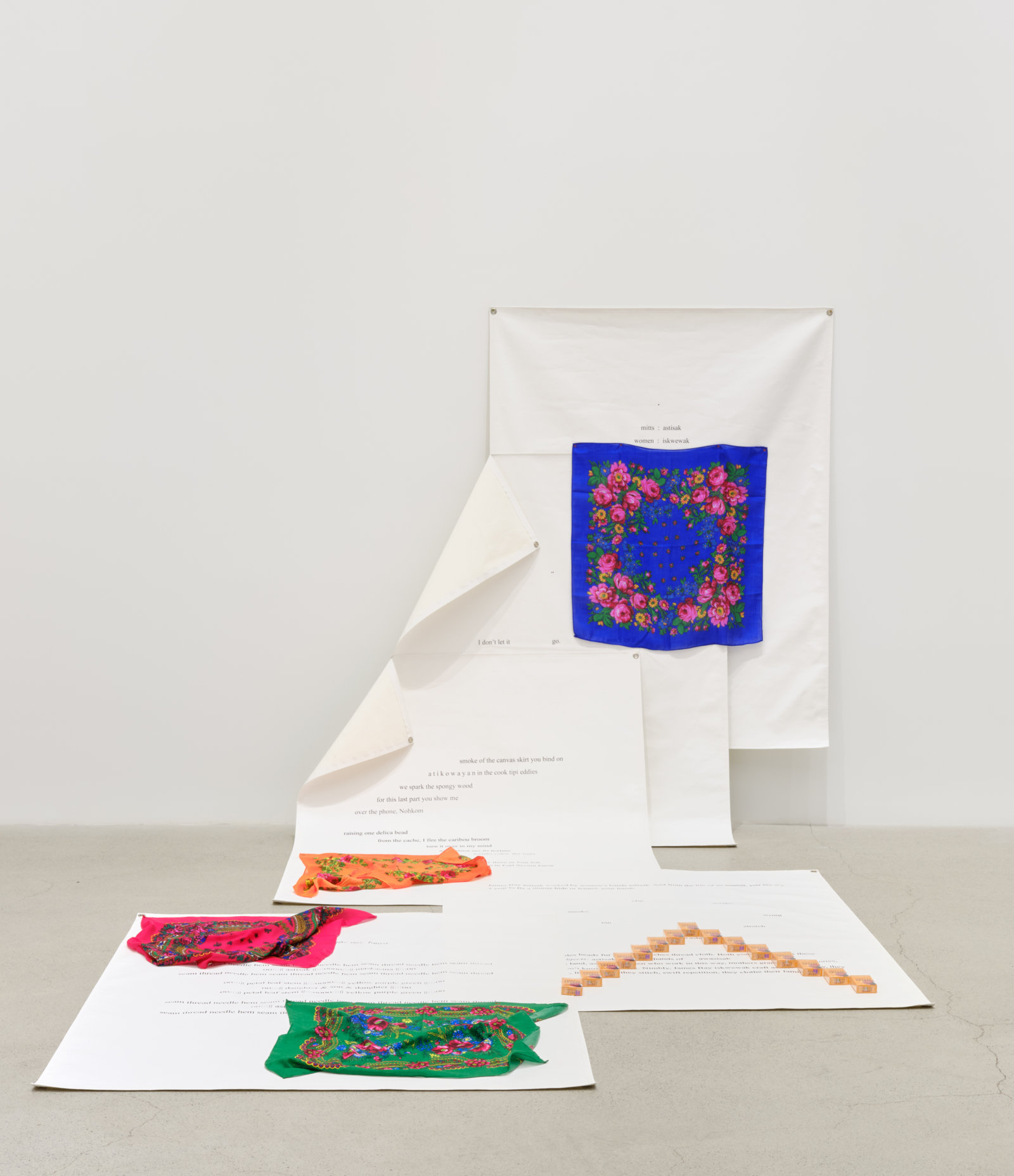 Tanya Lukin Linklater, go go, 2022, treated canvas, ink, kohkom scarves, thread, American Spirit cigarettes, hardware, 78 x 98 x 122 in. (197 x 249 x 310 cm)