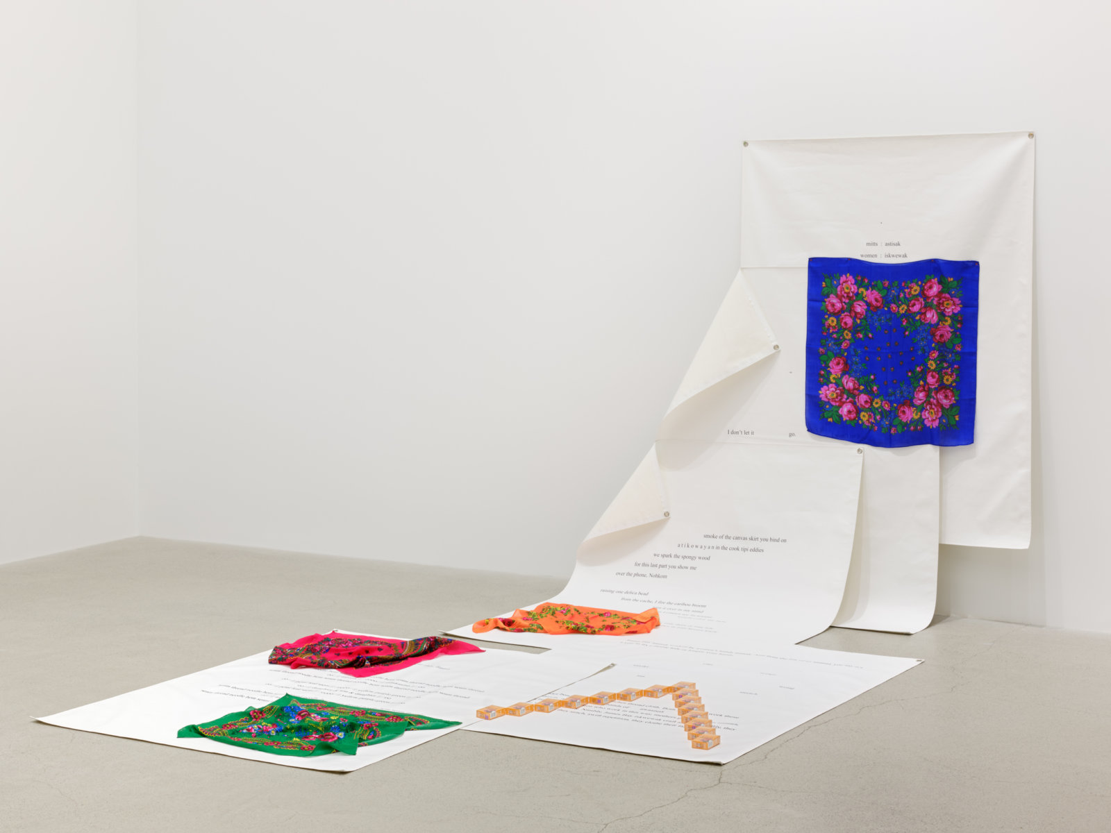 Tanya Lukin Linklater, go go, 2022, treated canvas, ink, kohkom scarves, thread, American Spirit cigarettes, hardware, 78 x 98 x 122 in. (197 x 249 x 310 cm)