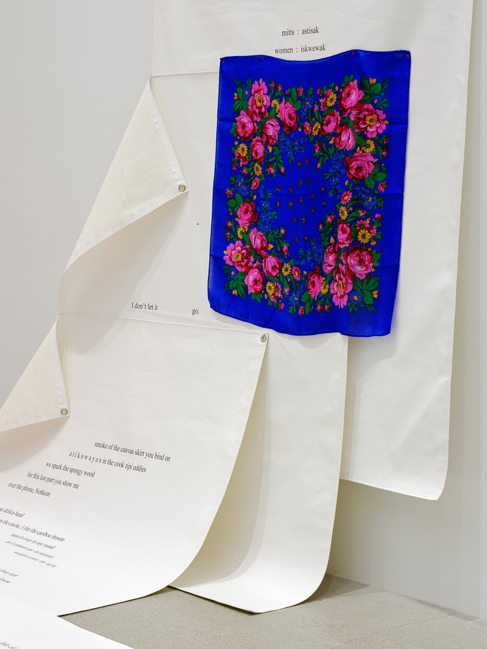 Tanya Lukin Linklater, go go (detail), 2022, treated canvas, ink, kohkom scarves, thread, American Spirit cigarettes, hardware, 78 x 98 x 122 in. (197 x 249 x 310 cm)