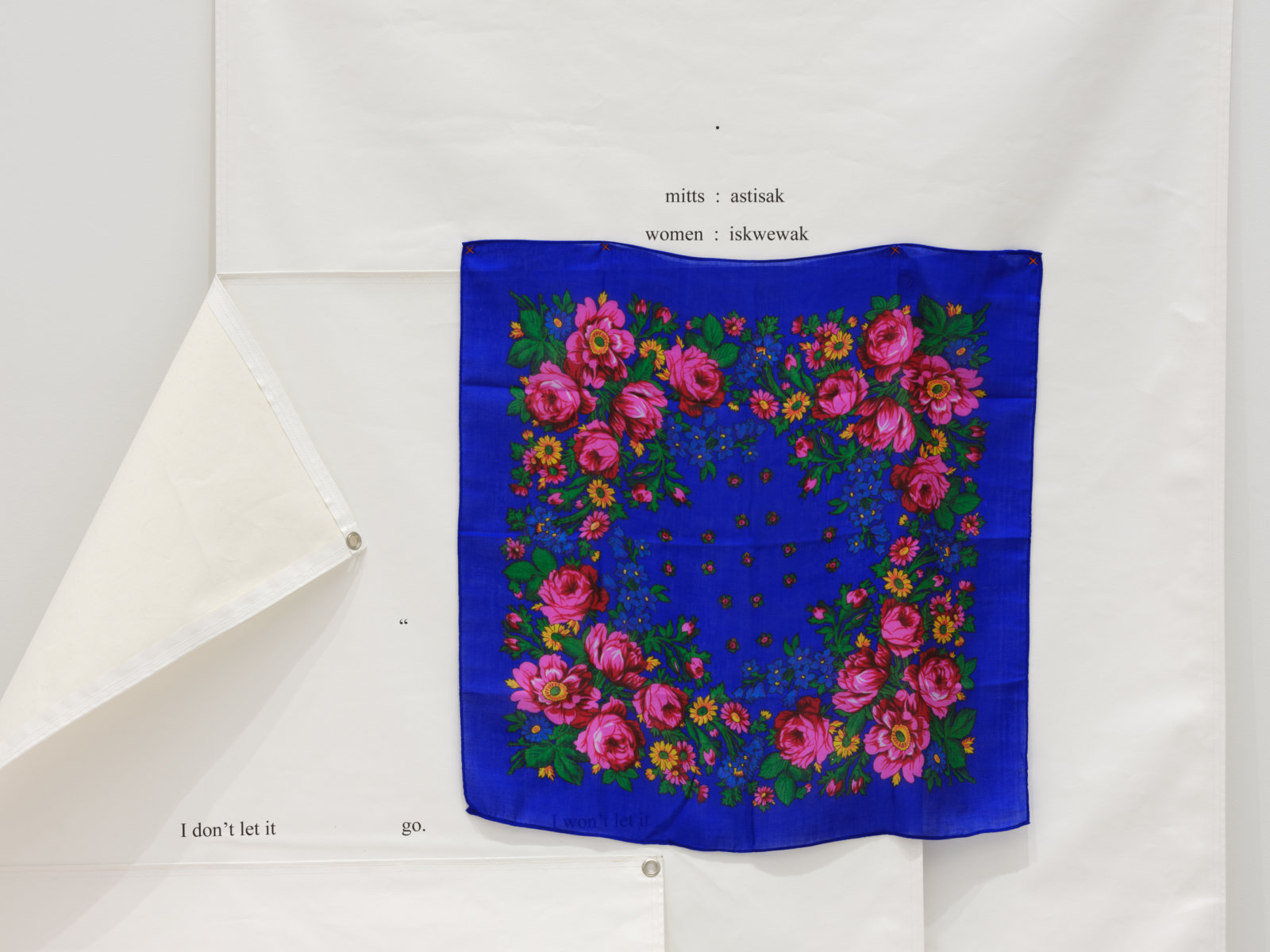 Tanya Lukin Linklater, go go (detail), 2022, treated canvas, ink, kohkom scarves, thread, American Spirit cigarettes, hardware, 78 x 98 x 122 in. (197 x 249 x 310 cm)