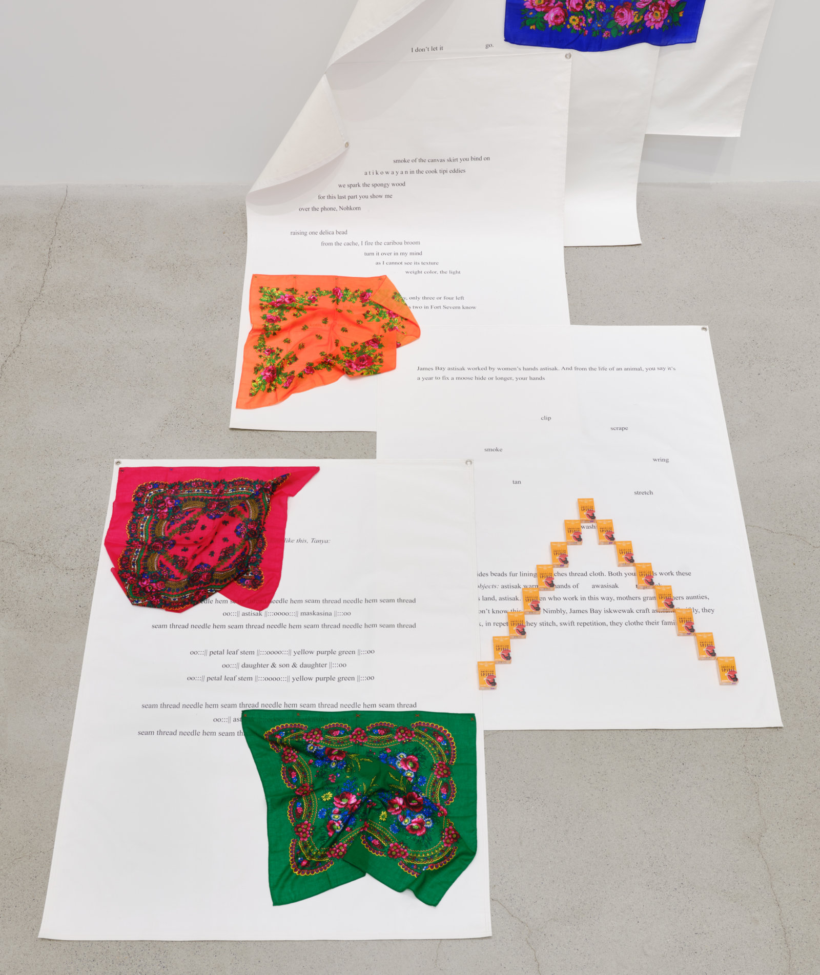 Tanya Lukin Linklater, go go (detail), 2022, treated canvas, ink, kohkom scarves, thread, American Spirit cigarettes, hardware, 78 x 98 x 122 in. (197 x 249 x 310 cm)