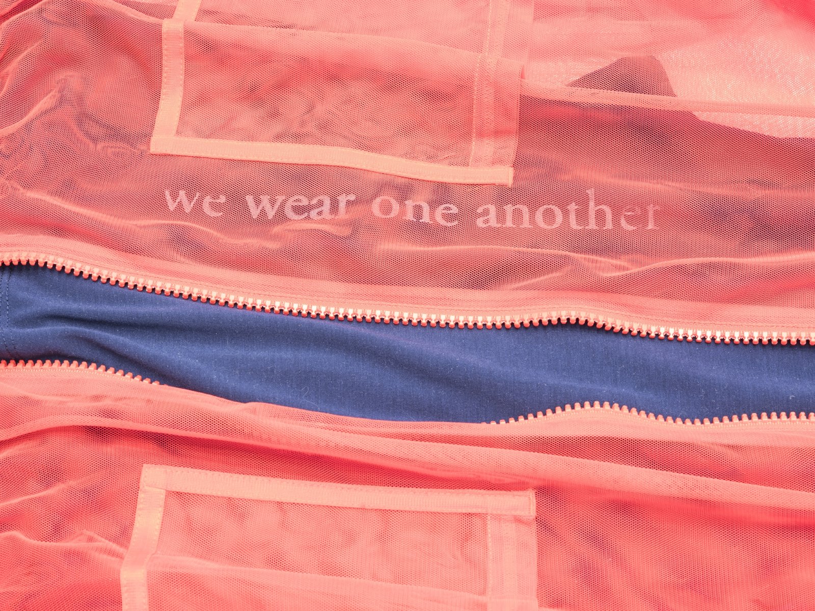 Tanya Lukin Linklater, Attire for performance, We wear one another (detail), 2019, clothing, silkscreen, 18 x 71 x 41 in. (46 x 180 x 104 cm)