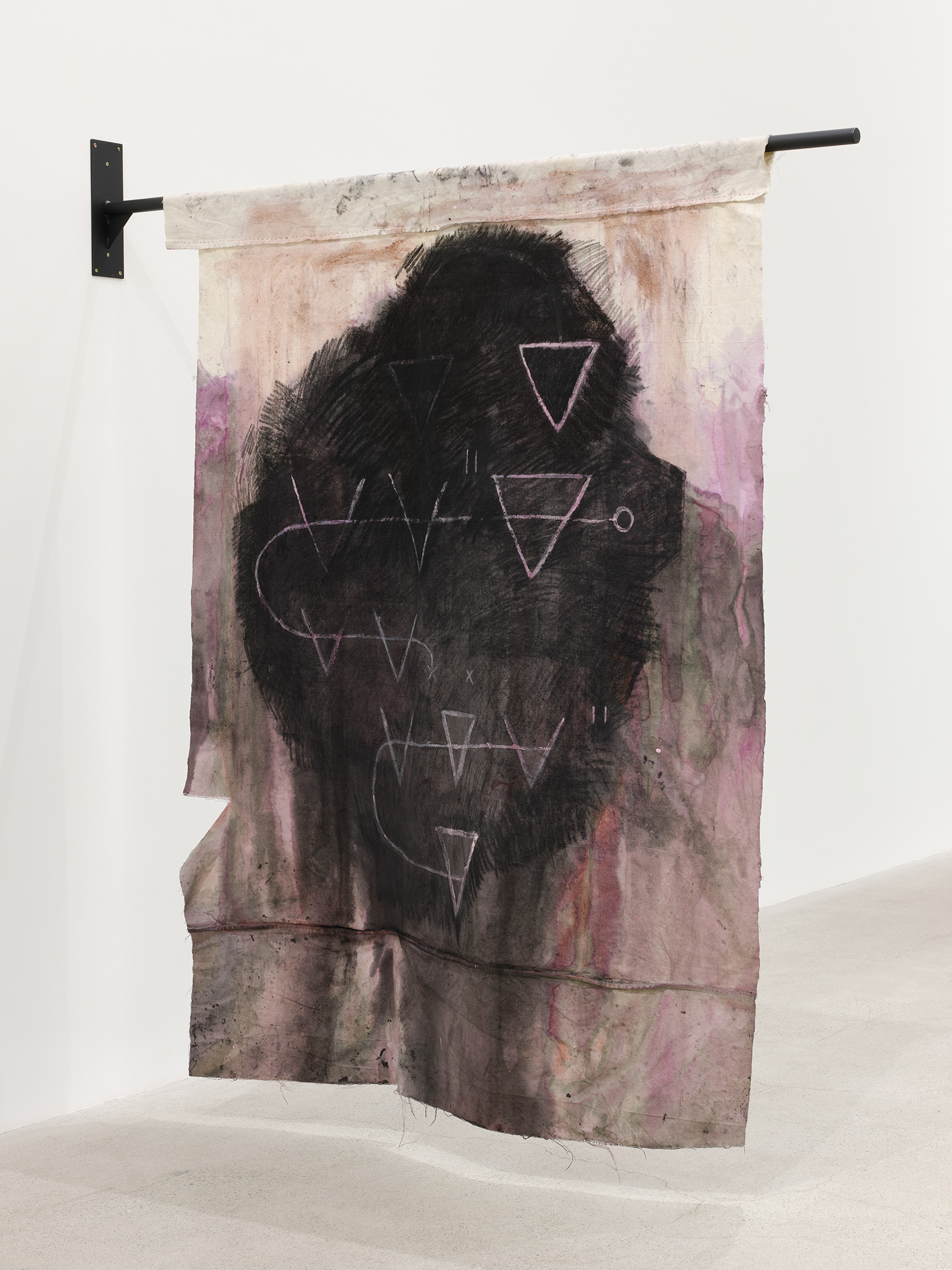 Duane Linklater, score for the back of my head, 2021, canvas, sumac, cochineal dye, charcoal, house paint, cotton thread, steel, 76 x 58 x 5 in. (193 x 147 x 13 cm) by 