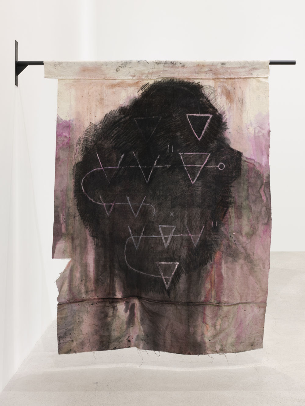 Duane Linklater, score for the back of my head, 2021, canvas, sumac, cochineal dye, charcoal, house paint, cotton thread, steel, 76 x 58 x 5 in. (193 x 147 x 13 cm) by 