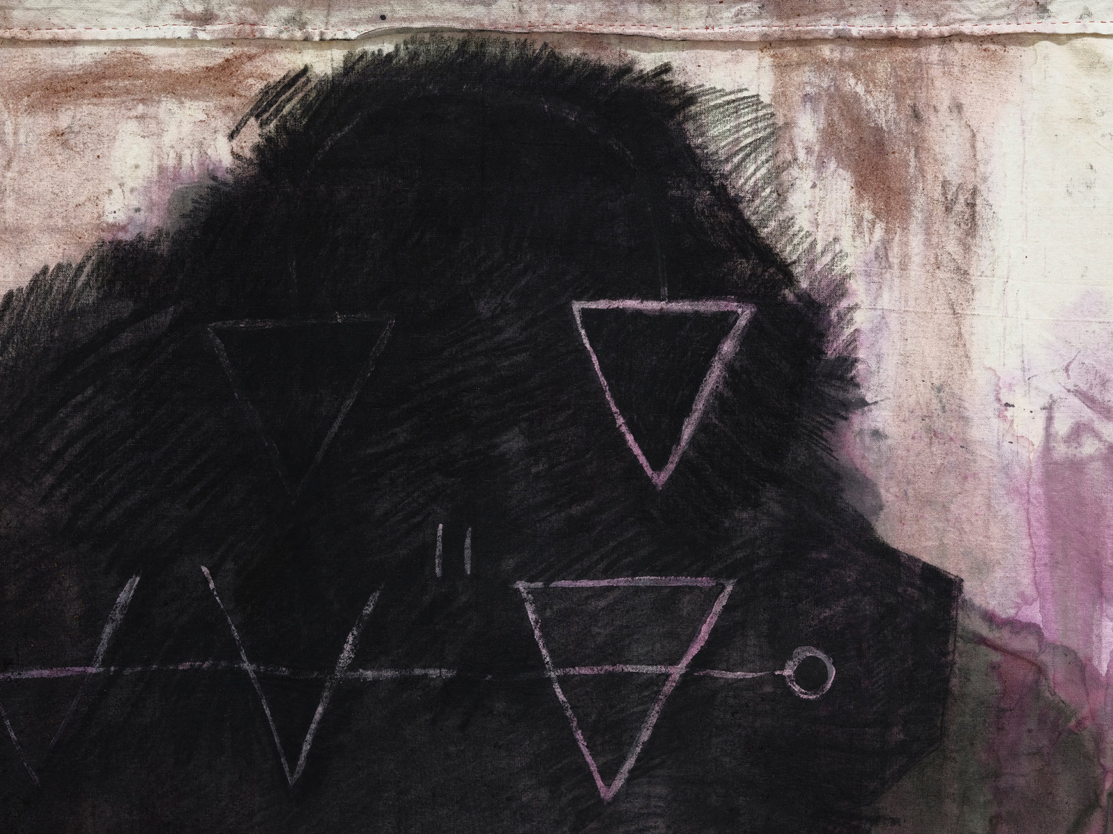 Duane Linklater, score for the back of my head (detail), 2021, canvas, sumac, cochineal dye, charcoal, house paint, cotton thread, steel, 76 x 58 x 5 in. (193 x 147 x 13 cm)