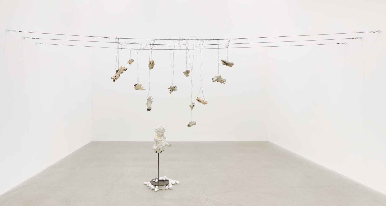 Rochelle Goldberg, Le Petit Bourgeois Shopaholic, reaching, 2021, concrete, toilet paper, rocks, steel, wire, acrylic medium, aluminium foil, dimensions variable