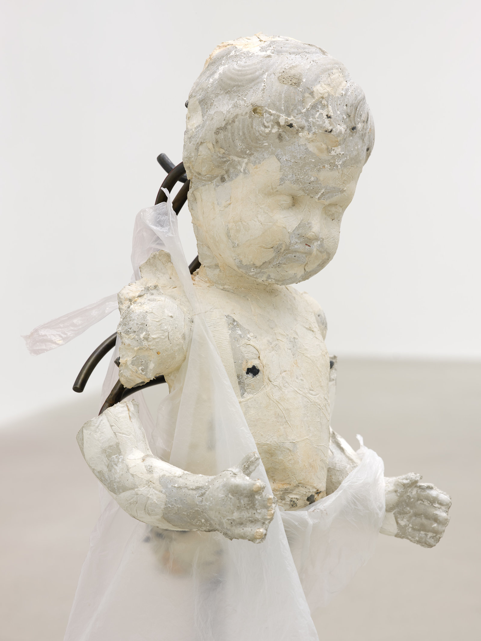 Rochelle Goldberg, Le Petit Bourgeois Shopaholic (detail), 2021, concrete, toilet paper, rocks, steel, acrylic medium, bag, aluminium foil, 35 x 20 x 15 in. (87 x 50 x 38 cm)