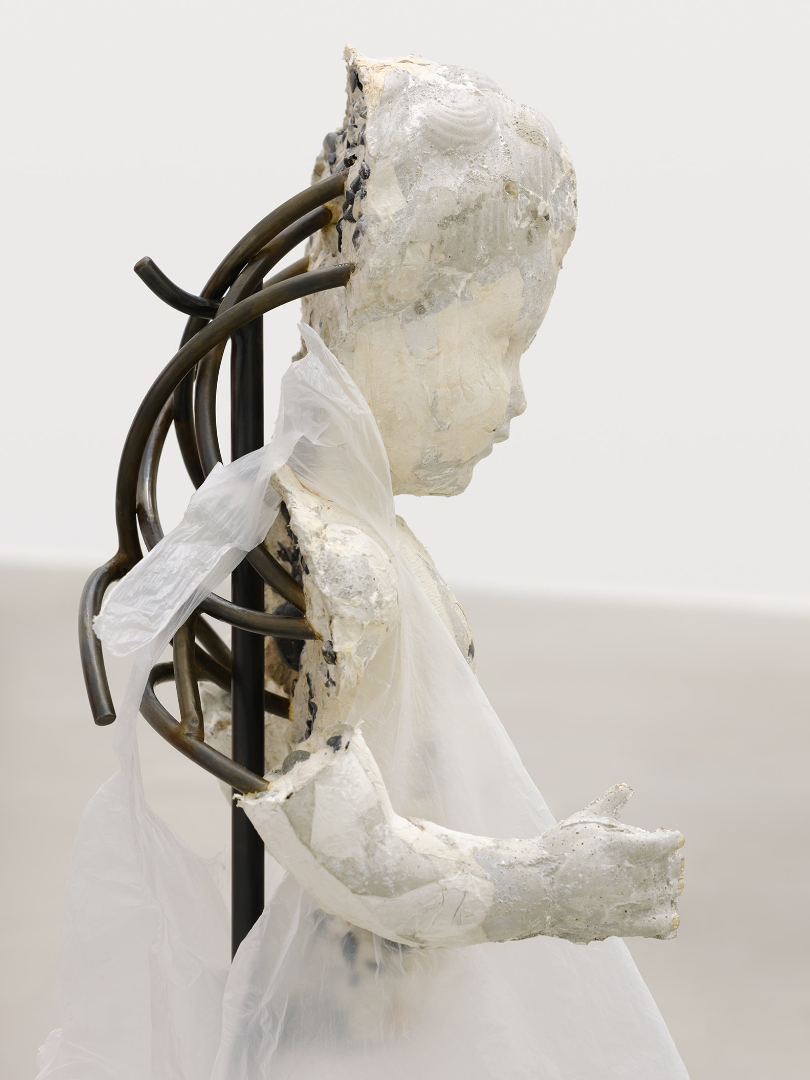 Rochelle Goldberg, Le Petit Bourgeois Shopaholic (detail), 2021, concrete, toilet paper, rocks, steel, acrylic medium, bag, aluminium foil, 35 x 20 x 15 in. (87 x 50 x 38 cm)