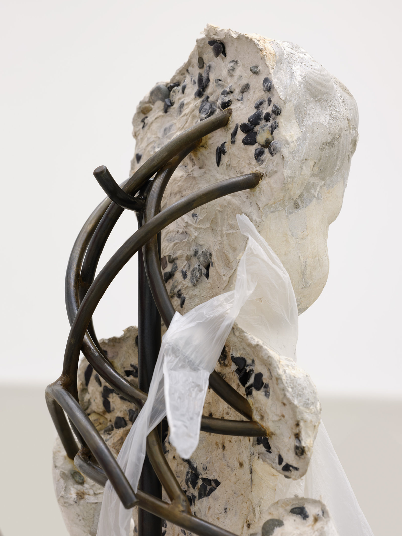 Rochelle Goldberg, Le Petit Bourgeois Shopaholic (detail), 2021, concrete, toilet paper, rocks, steel, acrylic medium, bag, aluminium foil, 35 x 20 x 15 in. (87 x 50 x 38 cm)