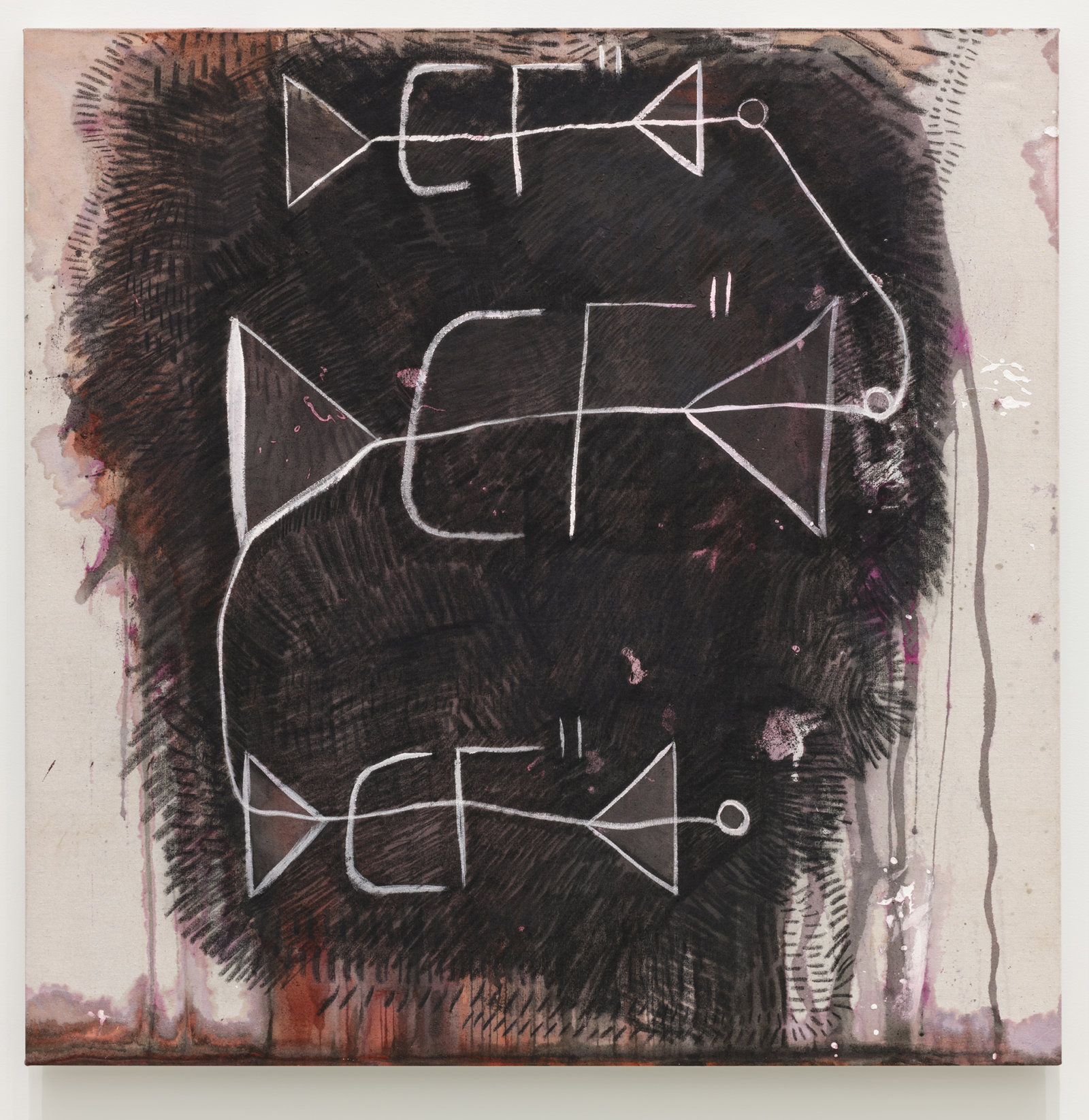 Duane Linklater, colonial anxieties, can make a song?, 2021, sumac, cochineal dye, charcoal, house paint on canvas, 48 x 48 in. (122 x 122 cm)
