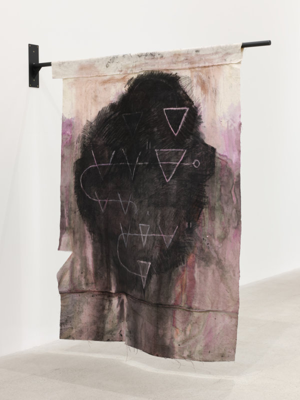Duane Linklater, score for the back of my head, 2021, canvas, sumac, cochineal dye, charcoal, house paint, cotton thread, steel, 76 x 58 x 5 in. (193 x 147 x 13 cm)