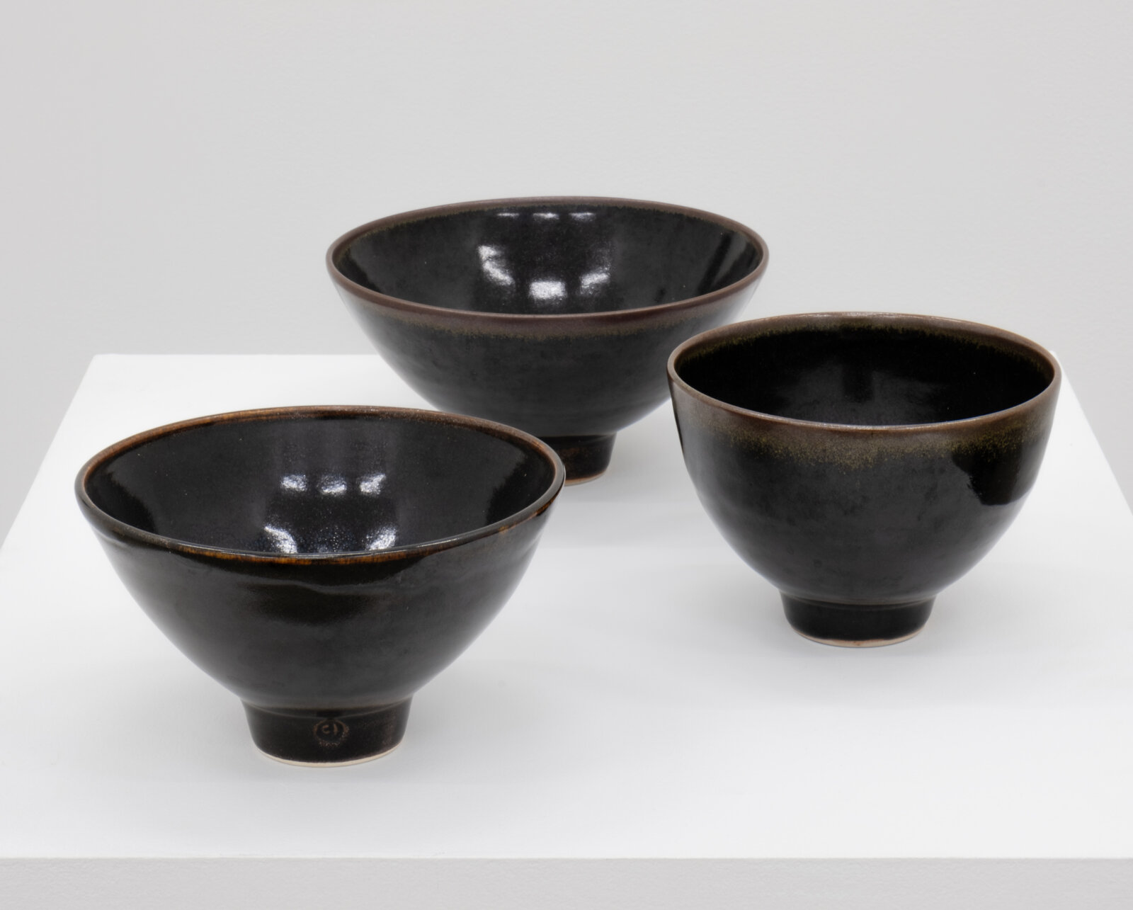 Charmian Johnson, not titled, date unknown, glazed ceramics, 4 x 7 x 7 in. (10 x 18 x 18 cm); 4 x 7 x 7 in. (10 x 17 x 17 cm); 4 x 6 x 6 in. (10 x 14 x 14 cm)