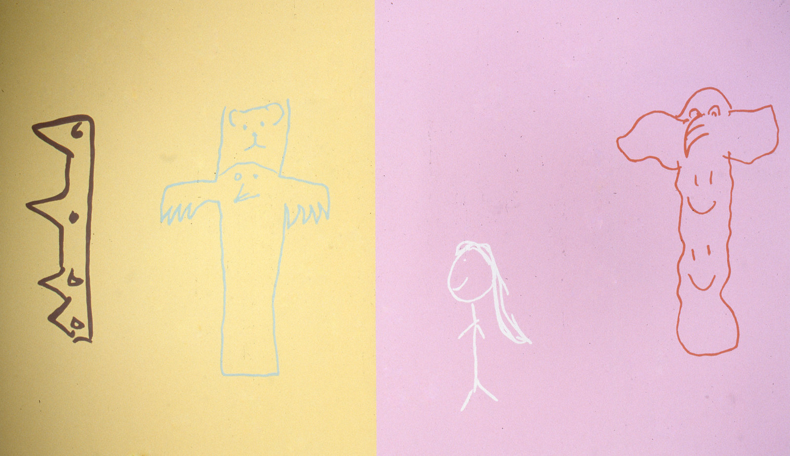 Brian Jungen, Anonymous Drawings (Girl with Totems), 1997, latex paint on wall, 118 x 197 in. (300 x 500 cm)
